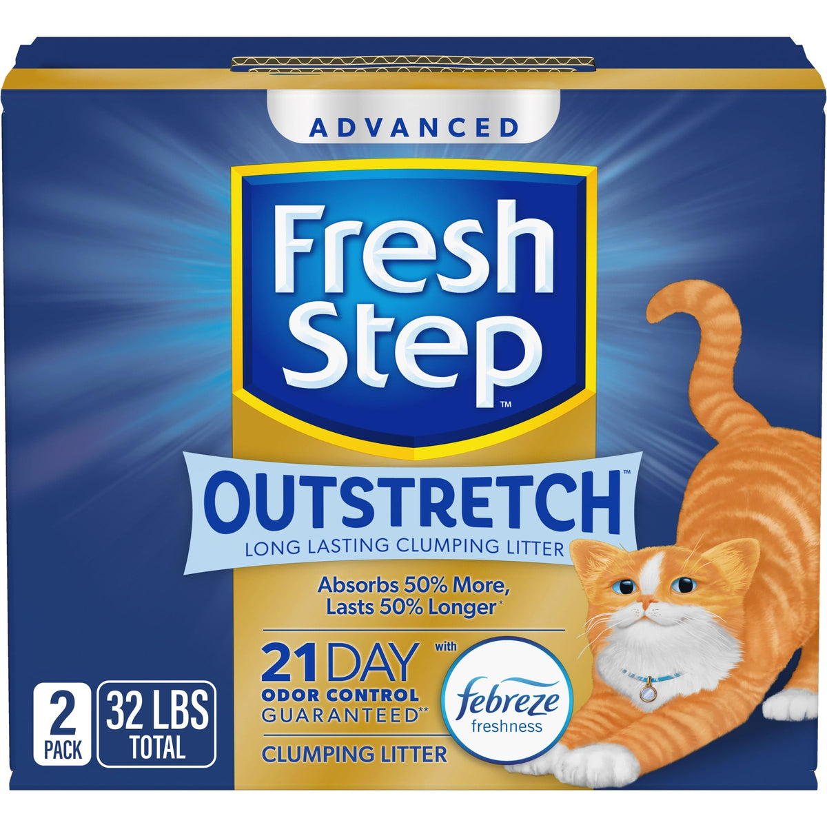 Fresh Step Outstretch Advanced Long Lasting Clumping Litter With Febreze Freshness, Activated Charcoal Litter Lasts 50% Longer, 32 Lbs. (2 X 16 Lb. Box)