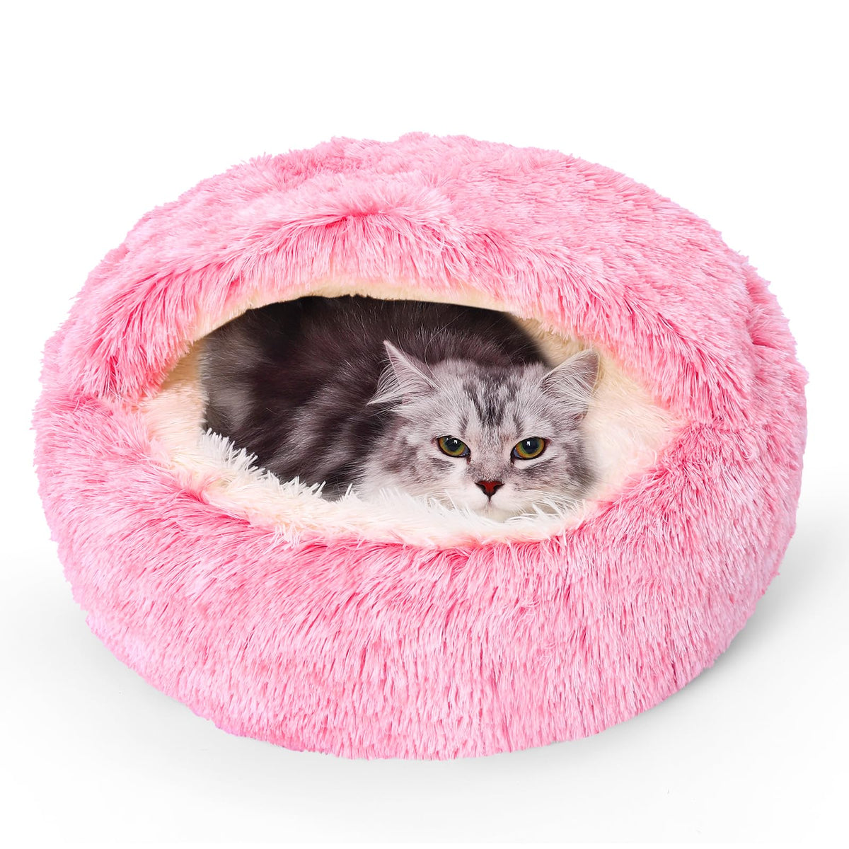 Calming Dog Beds With Hooded Cat Cave Cover - Removable, Washable Round Beds For Small To Medium Pets, Anti-Slip Faux Fur Fluffy