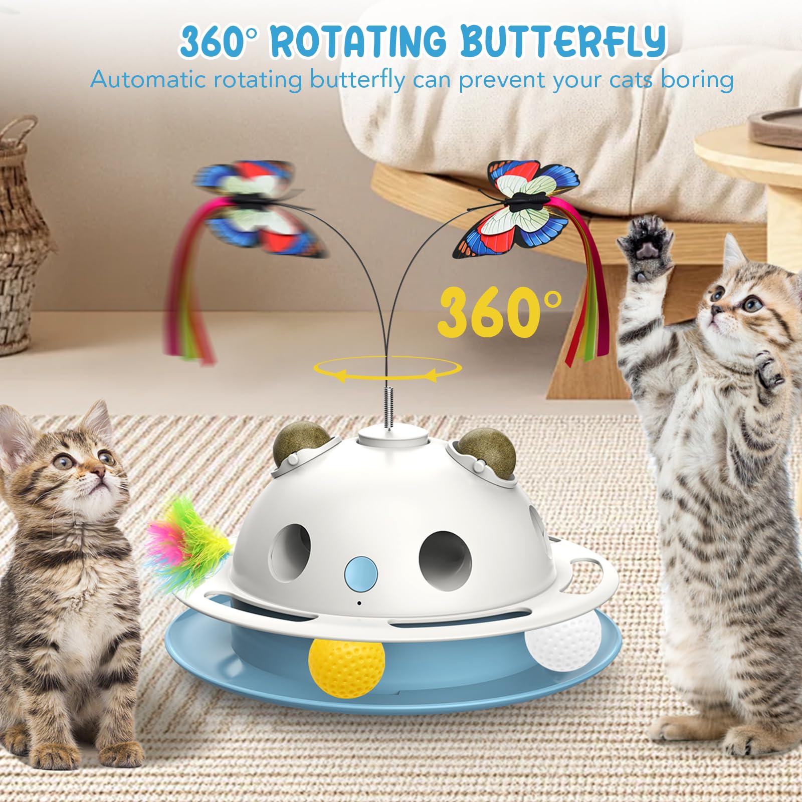 Spoven 4 In1 Cat Toys, Smart Automatic Interactive Kitten Toy With Shooting Feather, Butterfly, Catnip Balls, Usb Powered Cat To