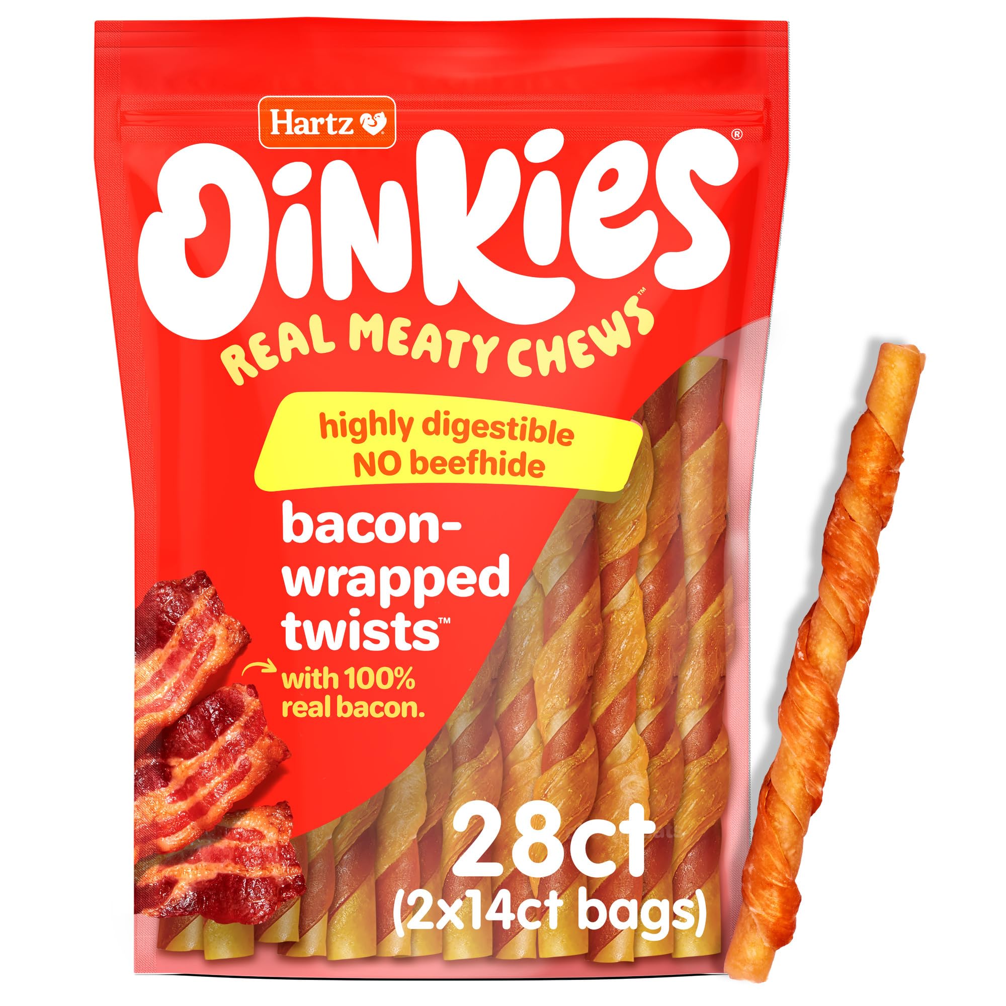 Hartz New Oinkies Bacon Wrapped Twists, Real Meaty Chews with 100% Real Bacon and No Beefhide, 28 Count
