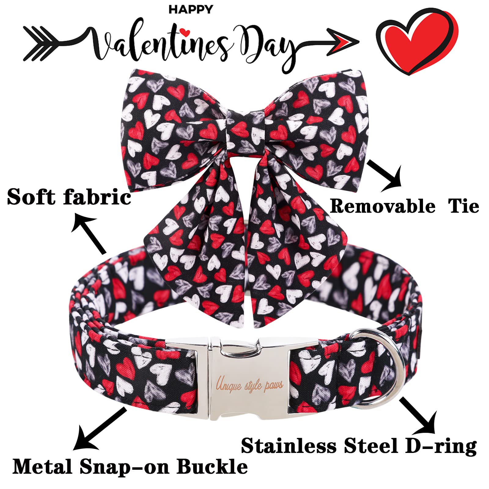 Unique Style Paws Valentine'S Day Dog Collar With Tie Black & Red Heart Puppy Collar Best Gothic Style Gift For Small Medium Large Boys Girls-Xs