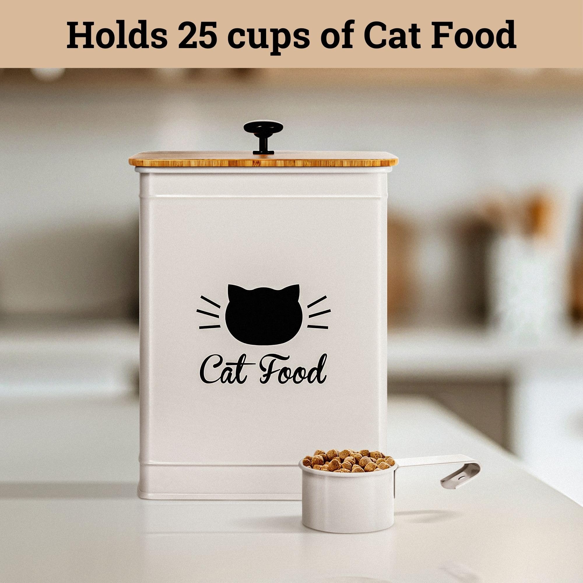 Cat Food Storage Container with Scoop - 5-7 lb (25 Cup) Capacity Metal Cat Food Container with Airtight Bamboo Lid and Metal Sco