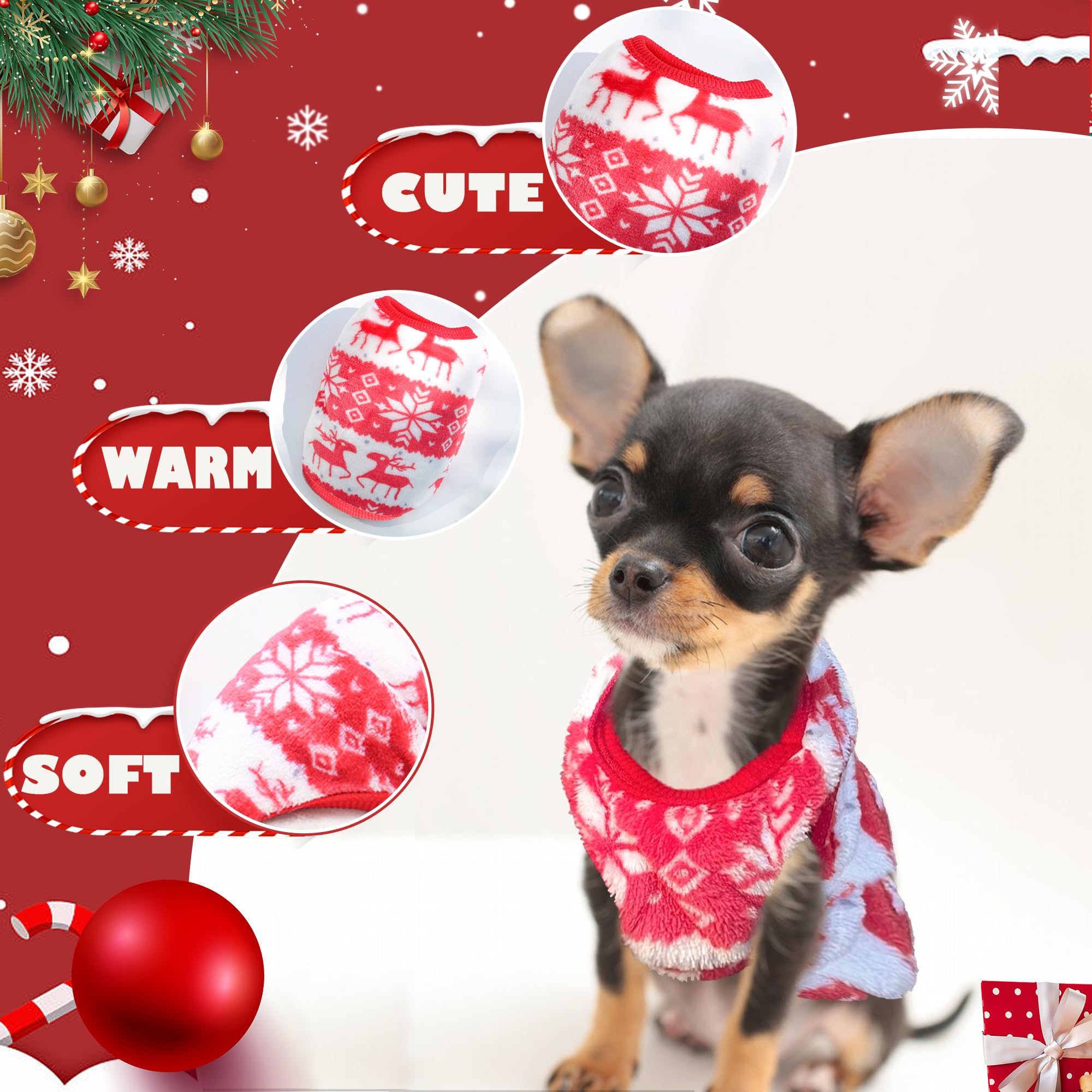 2 Pieces Christmas Dog Outfit - Puppy Sweater, Teacup Chihuahua Reindeer Snowflake Xmas Pet Warm Winter Clothes For Extra Small