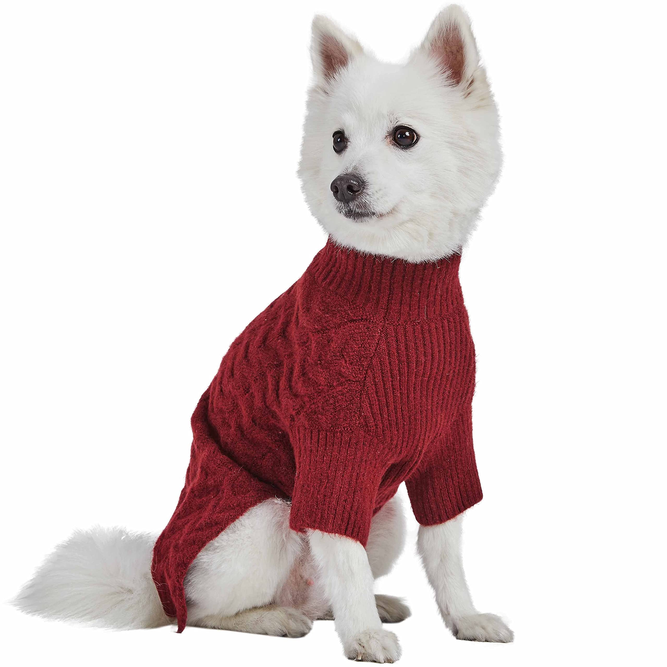 Blueberry Pet Classic Fuzzy Textured Knit Pullover Turtle-Neck Dog Sweater In Burgundy Red, Back Length 18', Pack Of 1 Clothes For Dogs