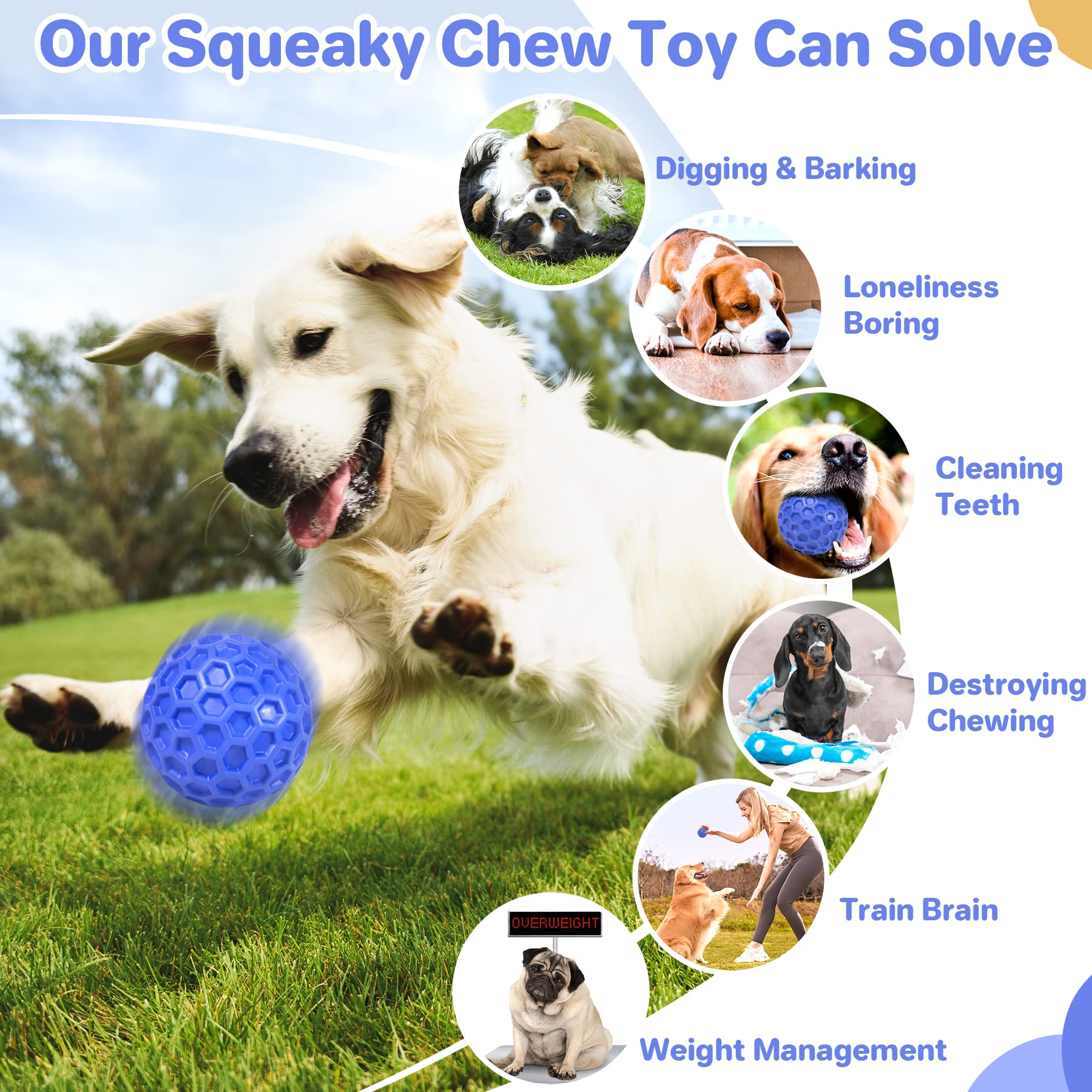 DISSKNIC Indestructible Squeaky Dog Ball, Relieves Anxiety, Cleans Teeth, Interactive Chew Toy for Aggressive Chewers, Dog Toy f
