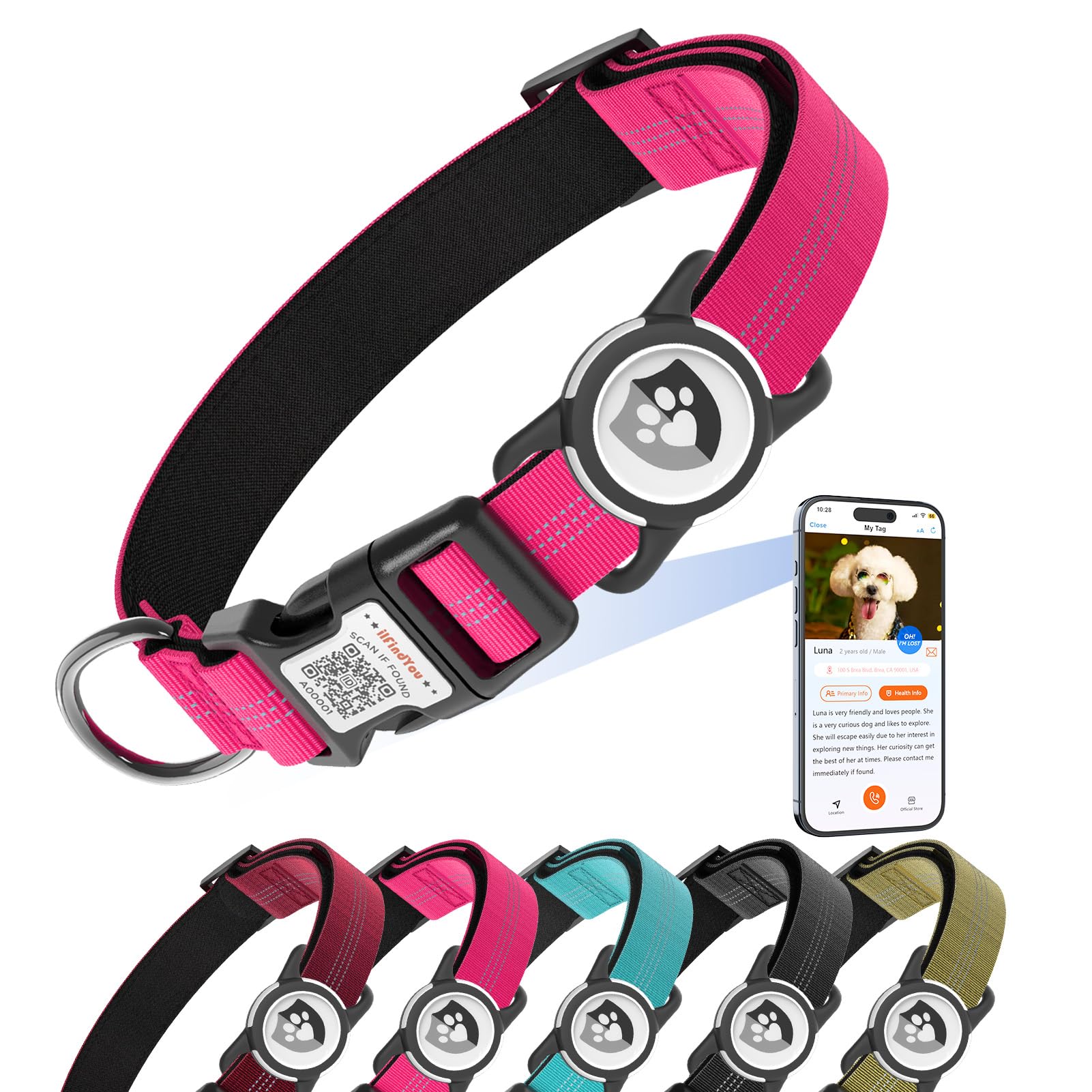 Ilfindyou Reflective Dog Collar With Airtag Holder For Medium Dogs Soft Nylon Rose Red Sized S