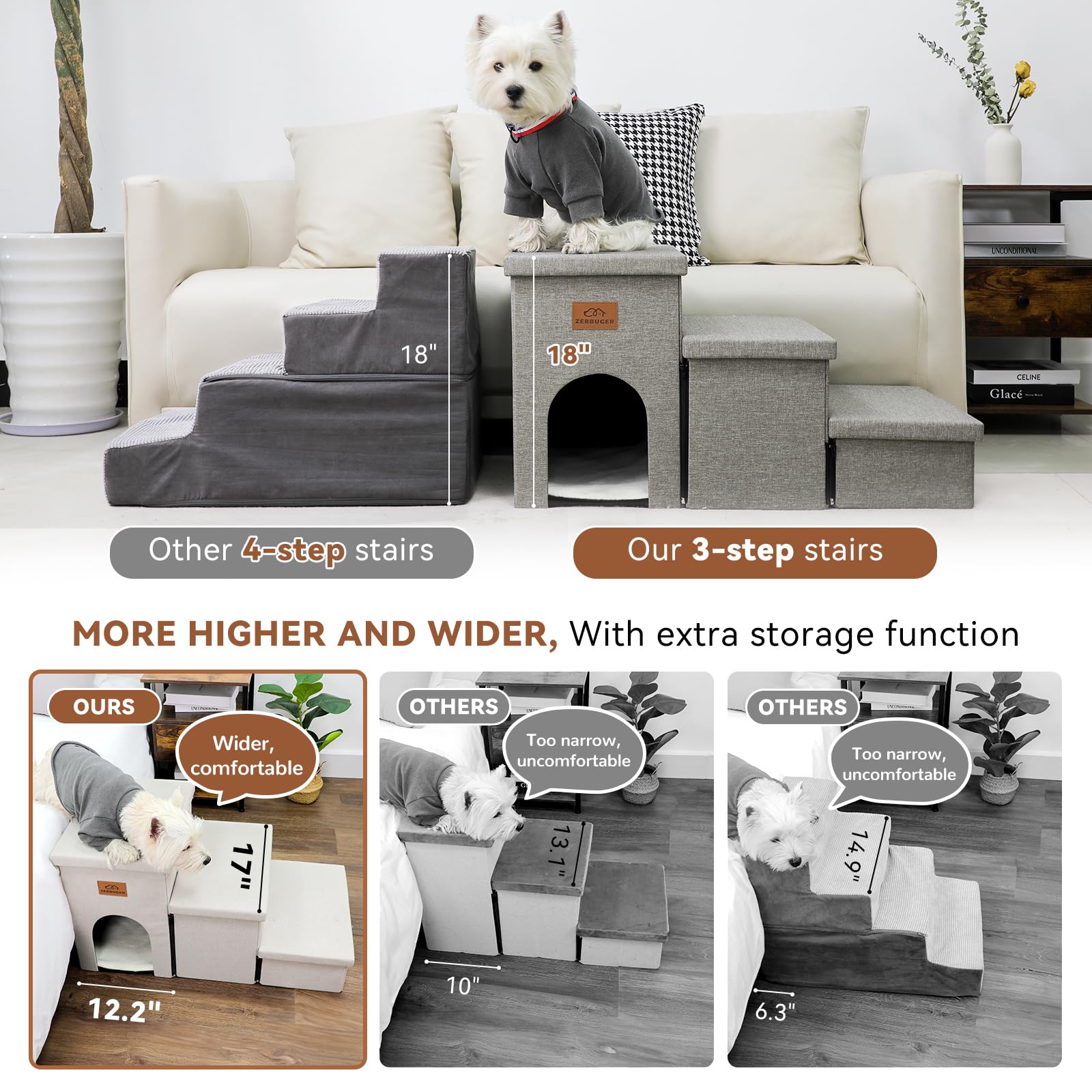 Zerbuger Dog Stairs with Condo 18 H, 3-Step Wider Dog Steps for High Beds Couch, Folding Storage Pet Stairs Gift for Small/Mediu