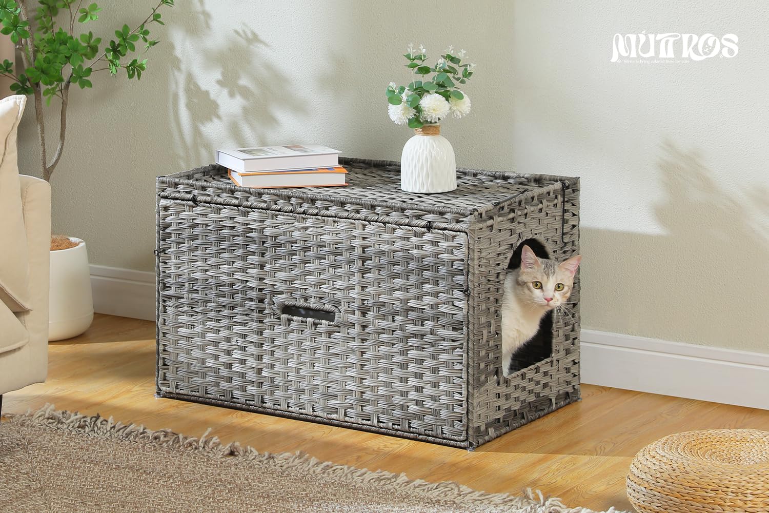 MUTTROS Rattan Cat Litter Box Enclosure - Hidden Litter Box Furniture by Handwoven Wicker with Taller Doorway & Raised Edge Mat-