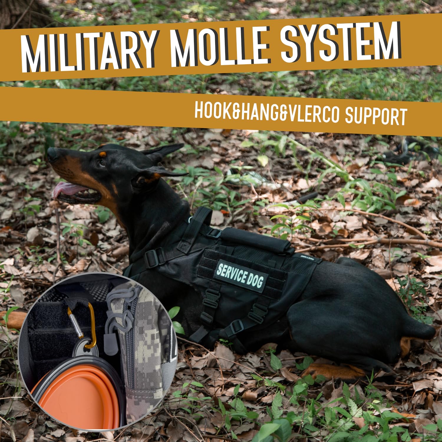 Dnallrino Service Dog Vest - Black Tactical Harness, Military MOLLE, Breathable Mesh, XL Size, Nylon Material, Model DNA-1