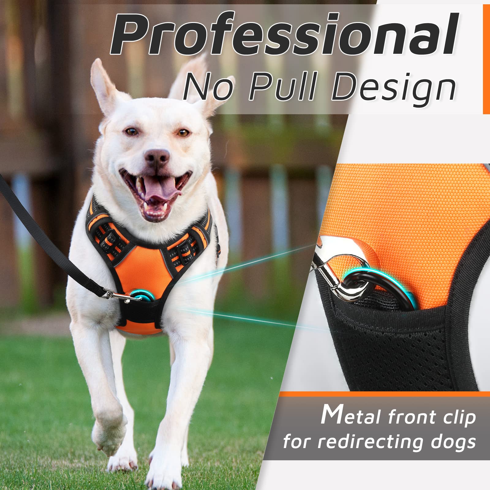 Eagloo Dog Harness For Large Dogs, No Pull Service Vest With Reflective Strips And Control Handle, Adjustable And Comfortable For Easy Walking, No Choke Pet Harness With 2 Metal Rings, Orange, L