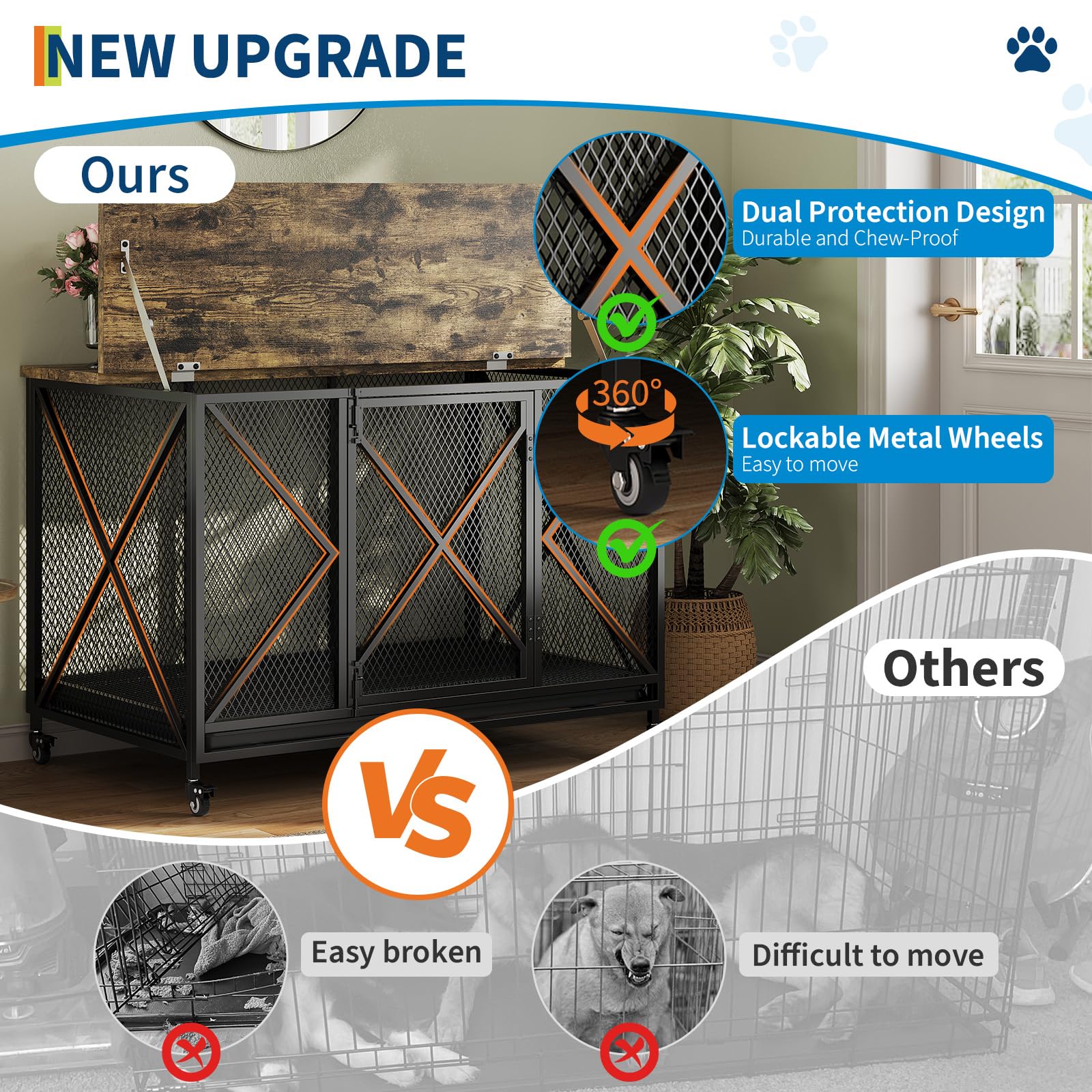 GarveeLife 48 in Heavy Duty Dog Crate Furniture with Wheels, Flip Top Dog Kennel End Table with Removable Tray, Multi-Functional