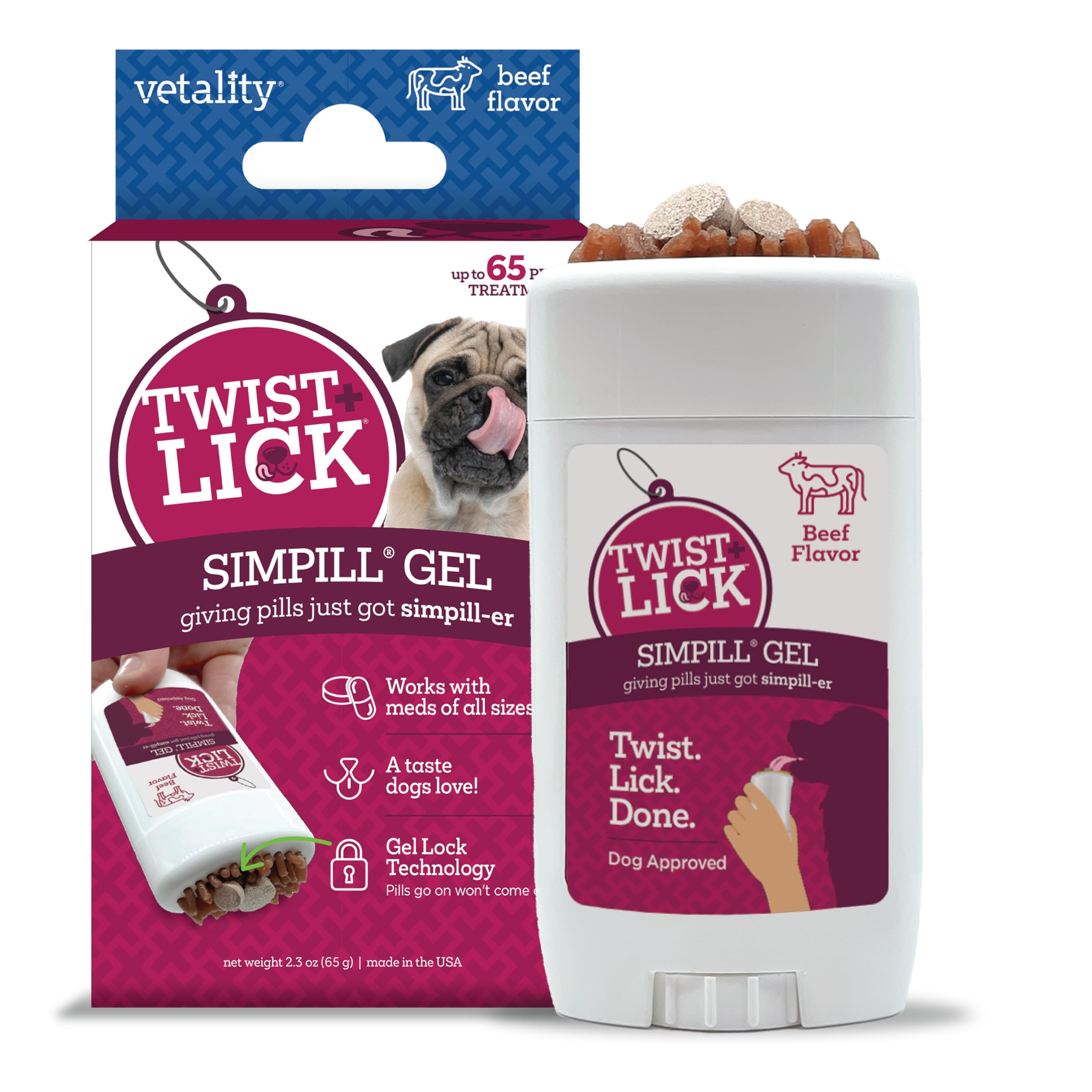 Vetality Twist + Lick SimPill Pill Hider Treat for Dogs, Beef Flavor (Up to 65 Treatments)
