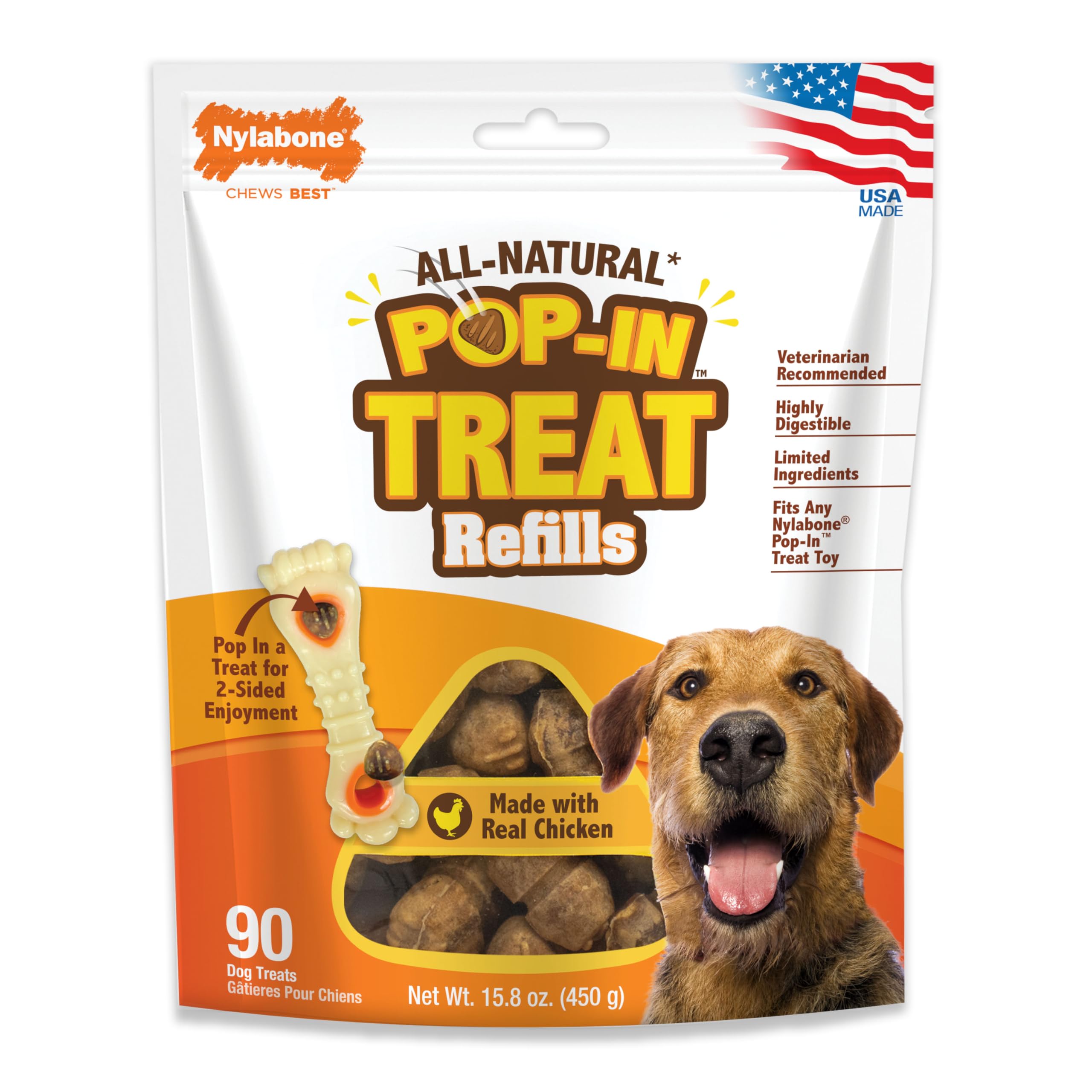 Nylabone Pop-in Dog Treat Toy Refills, All-Natural Dog Treats for Treat Dispensing Toys, Chicken Flavor (90 Count)