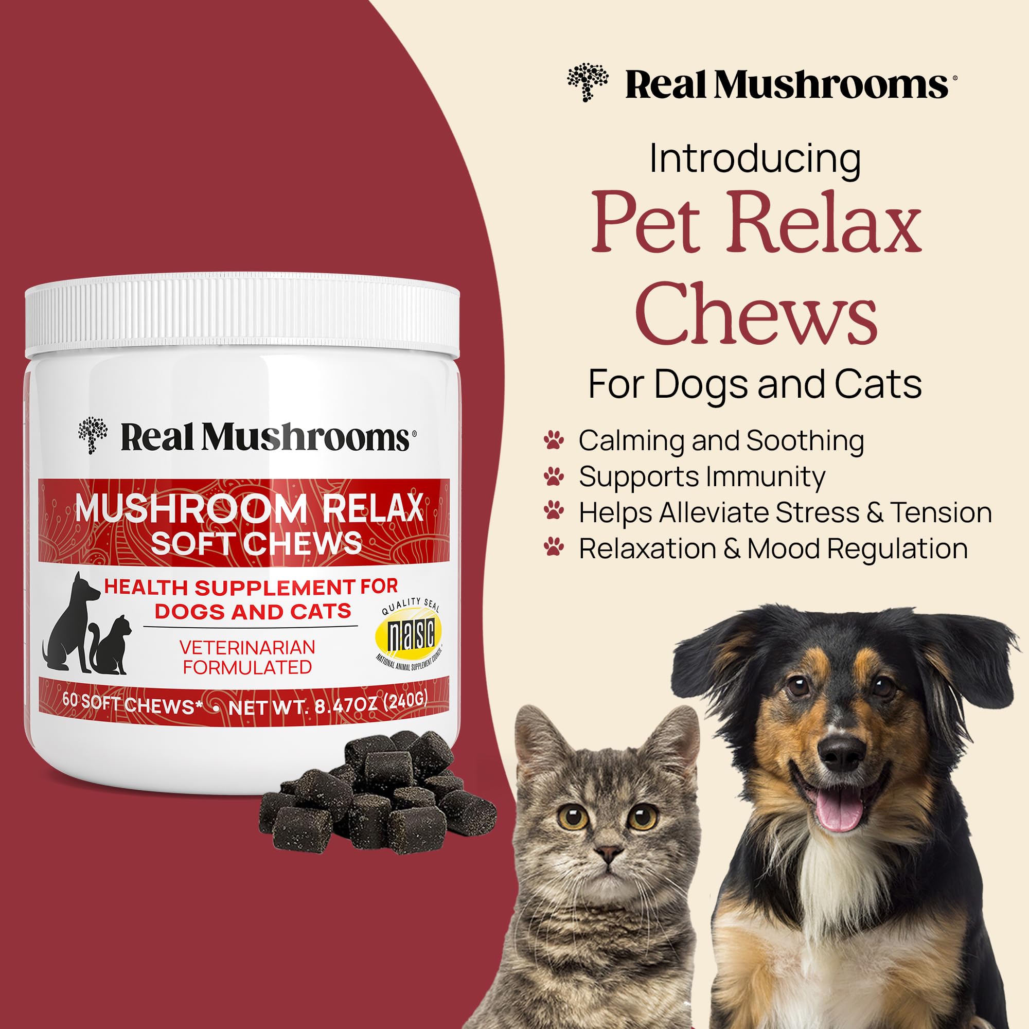 Real Mushrooms Calming Treats for Dogs & Cats - Reishi, Lions Mane, Botanicals - Cat & Dog Soft Chews for Daily Use - Calming Ch
