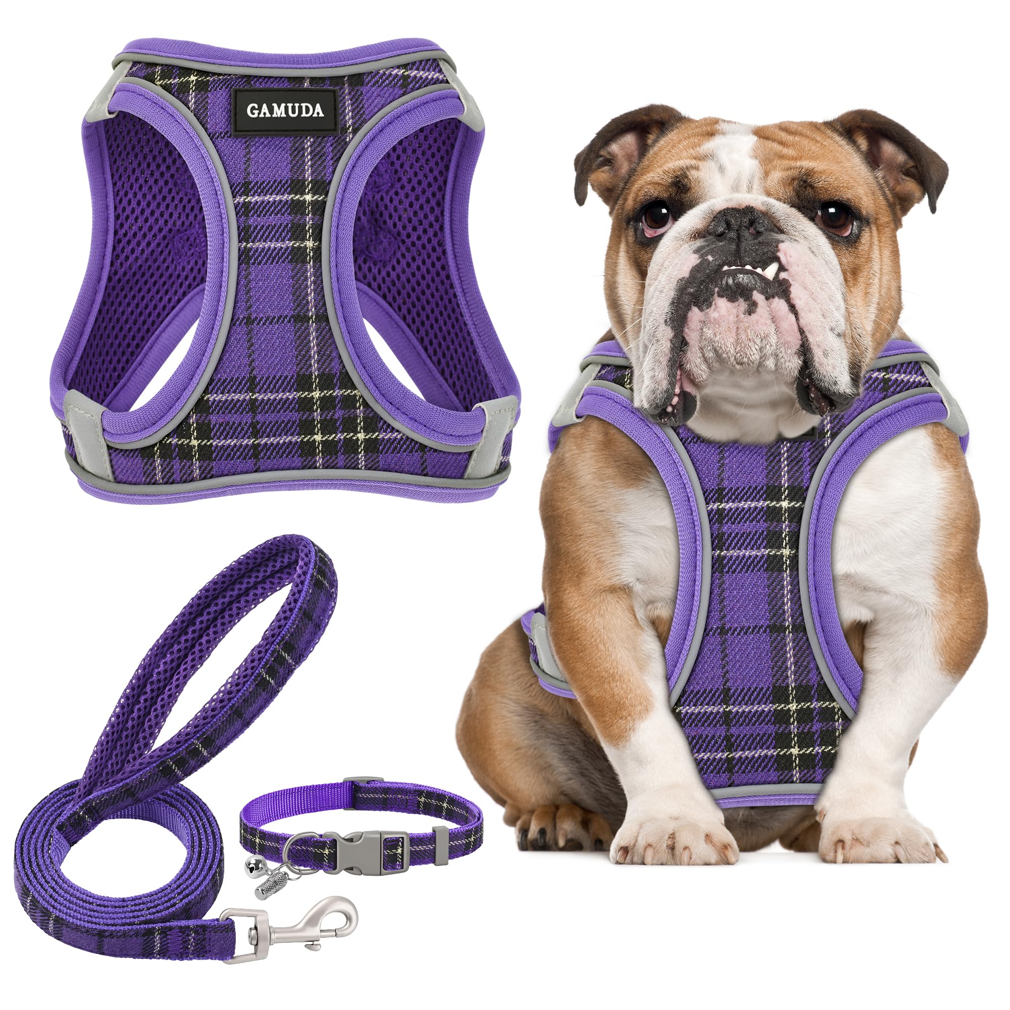 GAMUDA Small Dog Harness Collar and Leash Set, Step in No Chock No Pull Soft Mesh Adjustable Dog Vest Harnesses Plaid Reflective