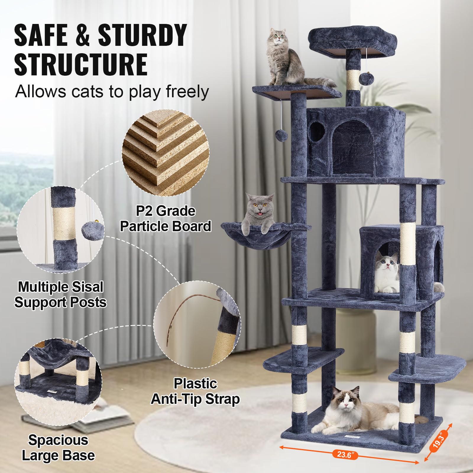 VEVOR Cat Tree 68.5 Cat Tower with Cat Condos Sisal Scratching Post Dark Grey