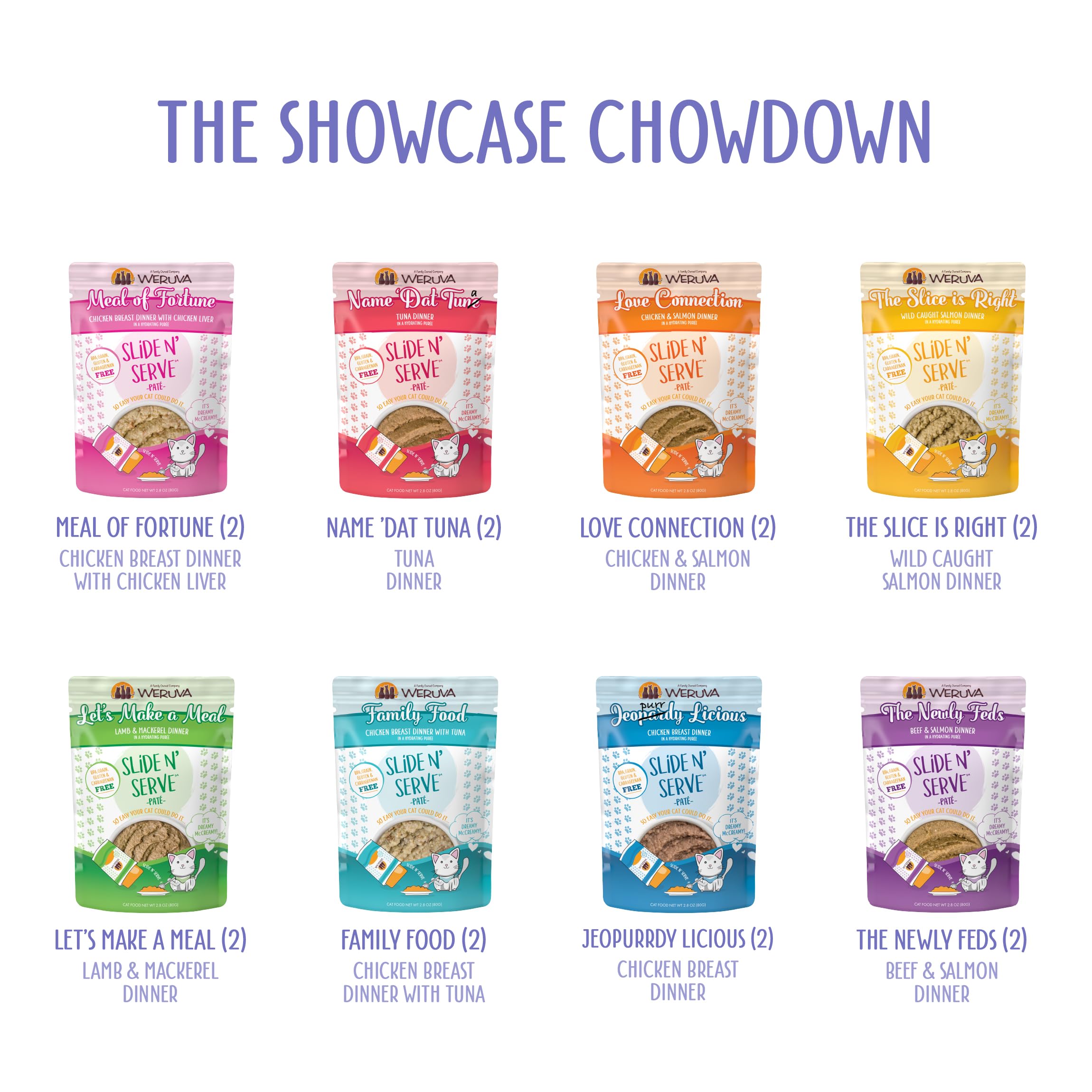 Weruva Slide N Serve Pat   Wet Cat Food, The Showcase Chowdown Variety Pack, 2.8oz Pouch, Pack of 16