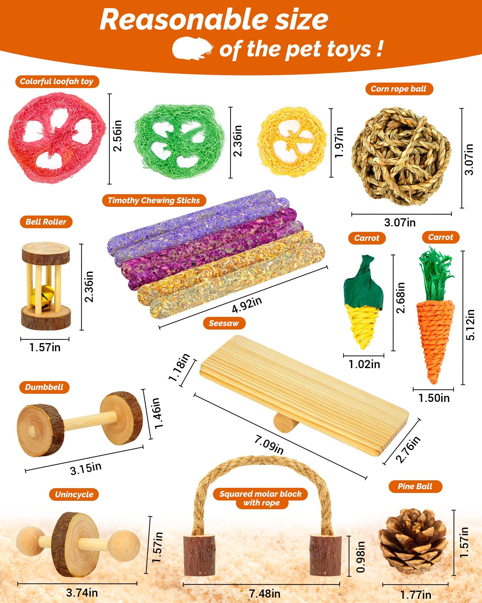 OVERTANG 18 Pcs Wooden Hamster & Guinea Pig Chew Toys, Natural Apple Wood Molar Toys for Small Animals, Exercise Accessories