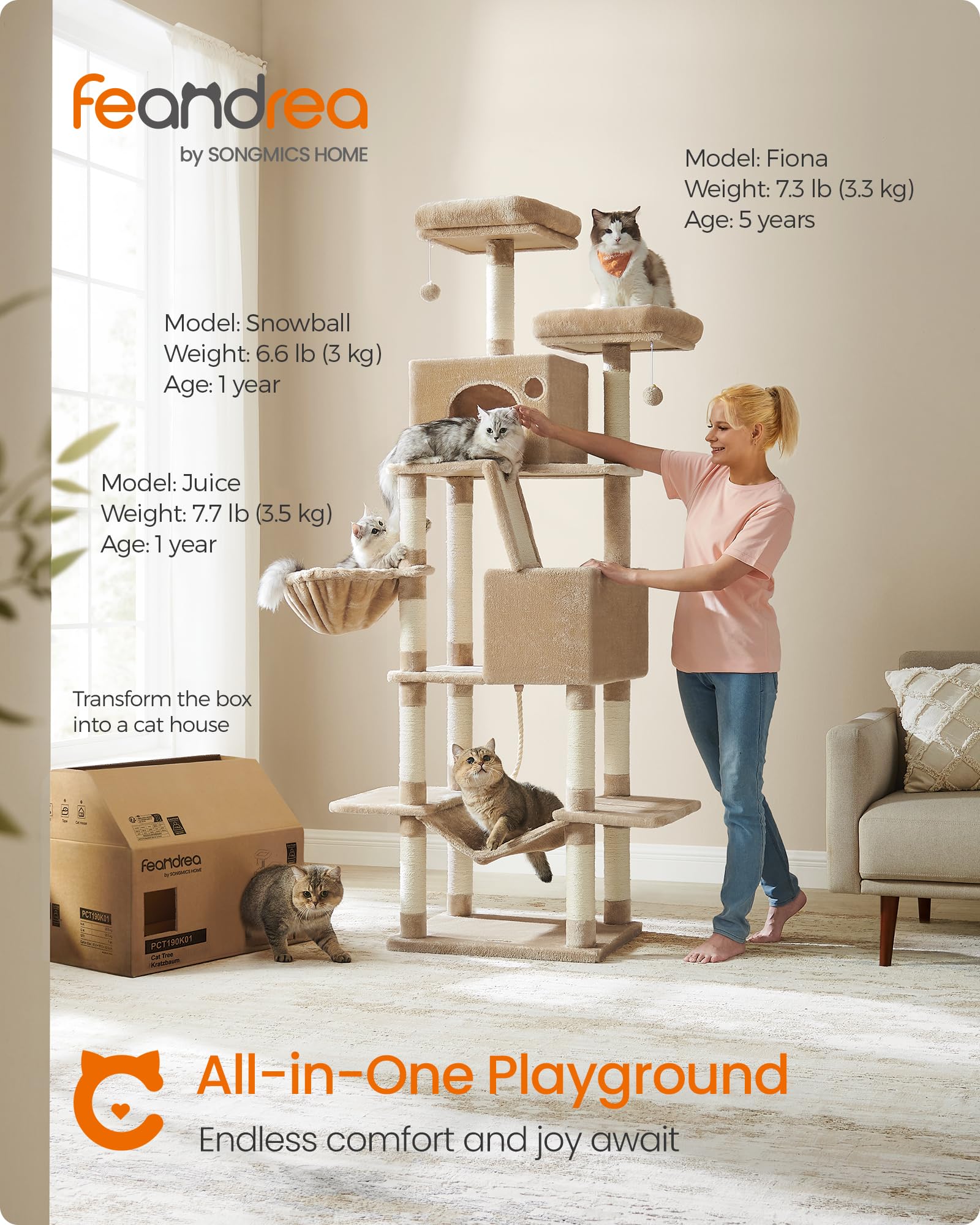 Feandrea Cat Tree, 81.1-Inch Large Cat Tower With 13 Scratching Posts, 2 Perches, 2 Caves, Basket, Hammock, Pompoms, Multi-Level