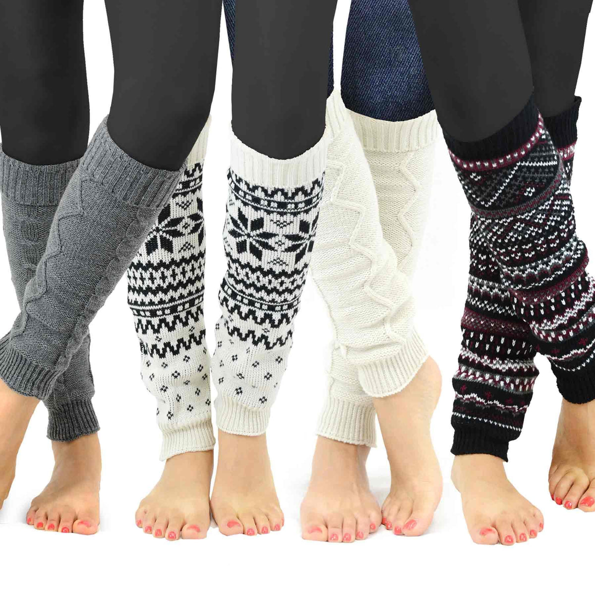 Teehee Gift Box Womens Fashion Leg Warmers 4Pairs Gift Box Crochet Geometric Pattern (Assorted B)