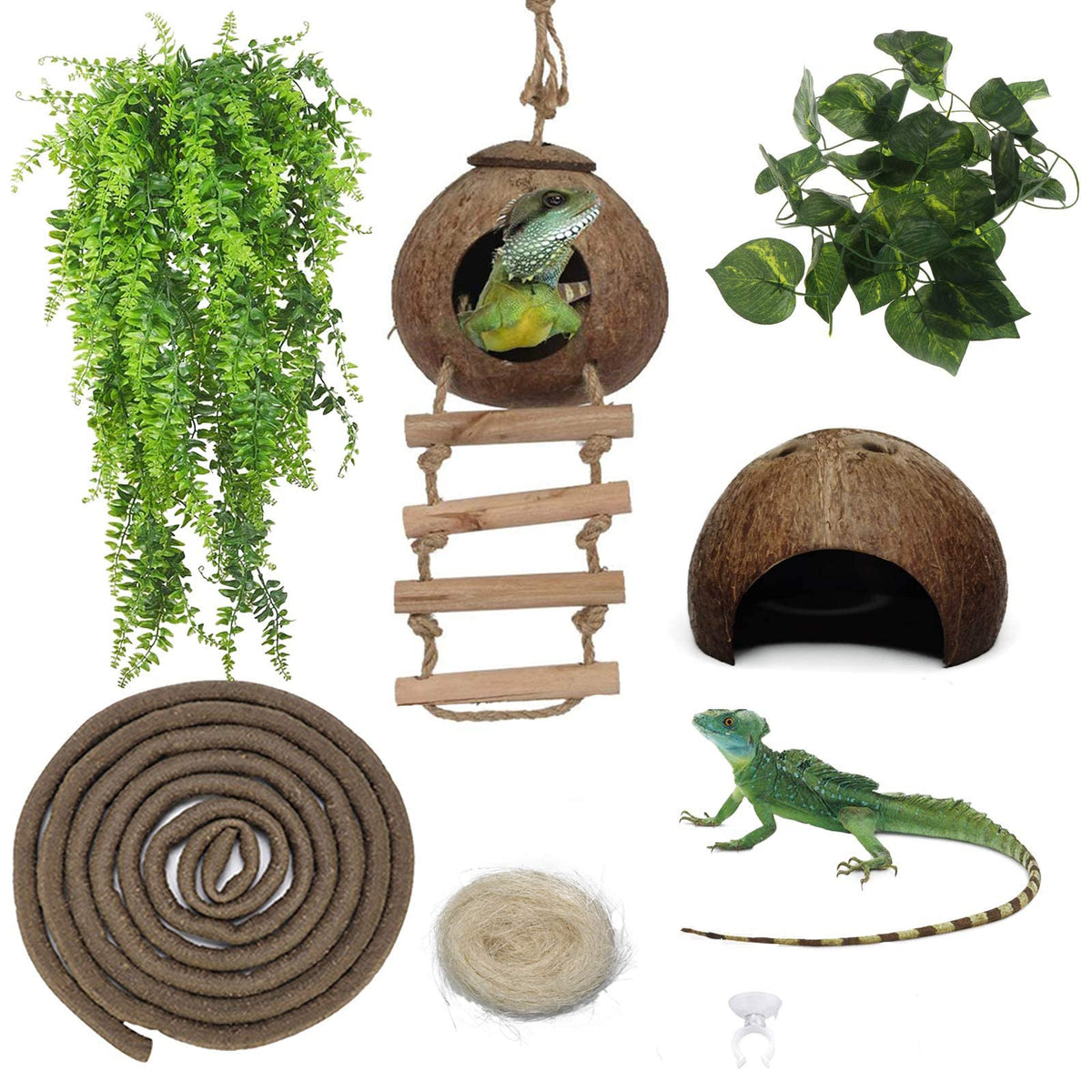 Kathson Leopard Gecko Tank Accessories Bearded Dragon Habitat Decor Reptile Hanging Plants Artificial Bendable Climbing Vines Lizard Hidden Coconut Shell Hole Hut For Chameleon, Snake, Iguana, Turtle