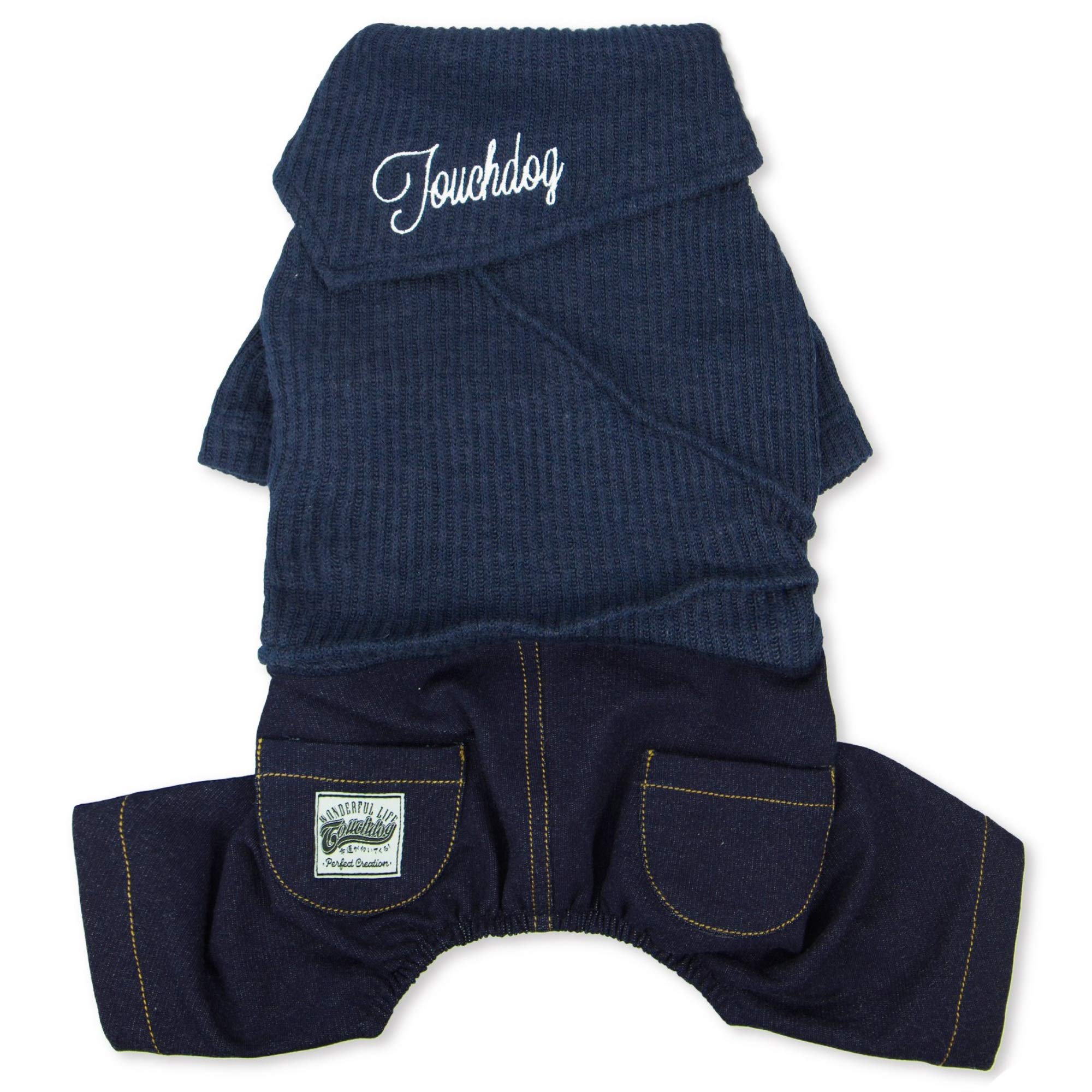 Touchdog Vogue Neck-Wrap Sweater And Denim Pant Outfit, X-Small, Navy