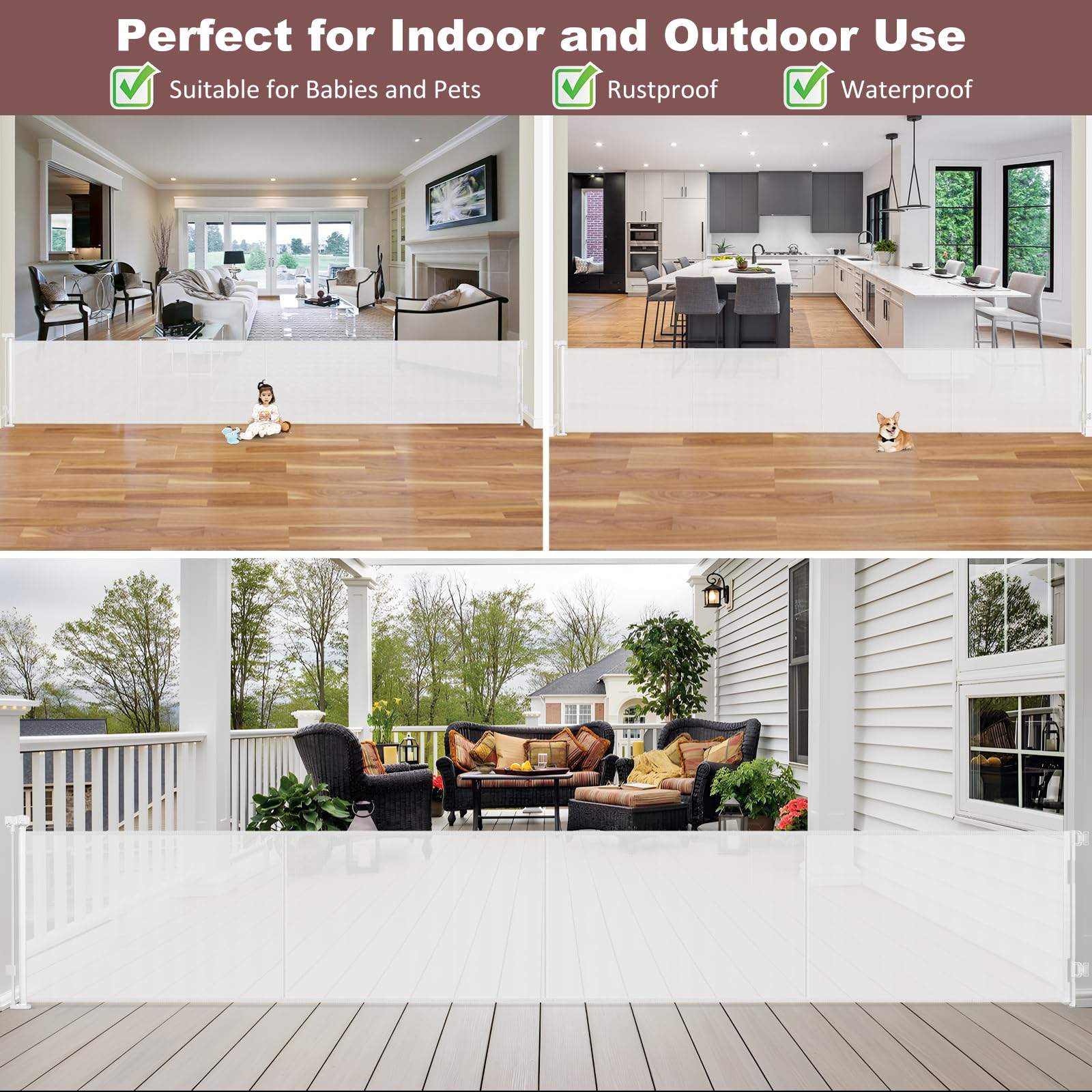 Reinforced 41 Inch Extra Tall Retractable Baby Gates 200 Inch Extra Wide Dog Gate with Support Rods, Indoor Dog Gates for The Ho