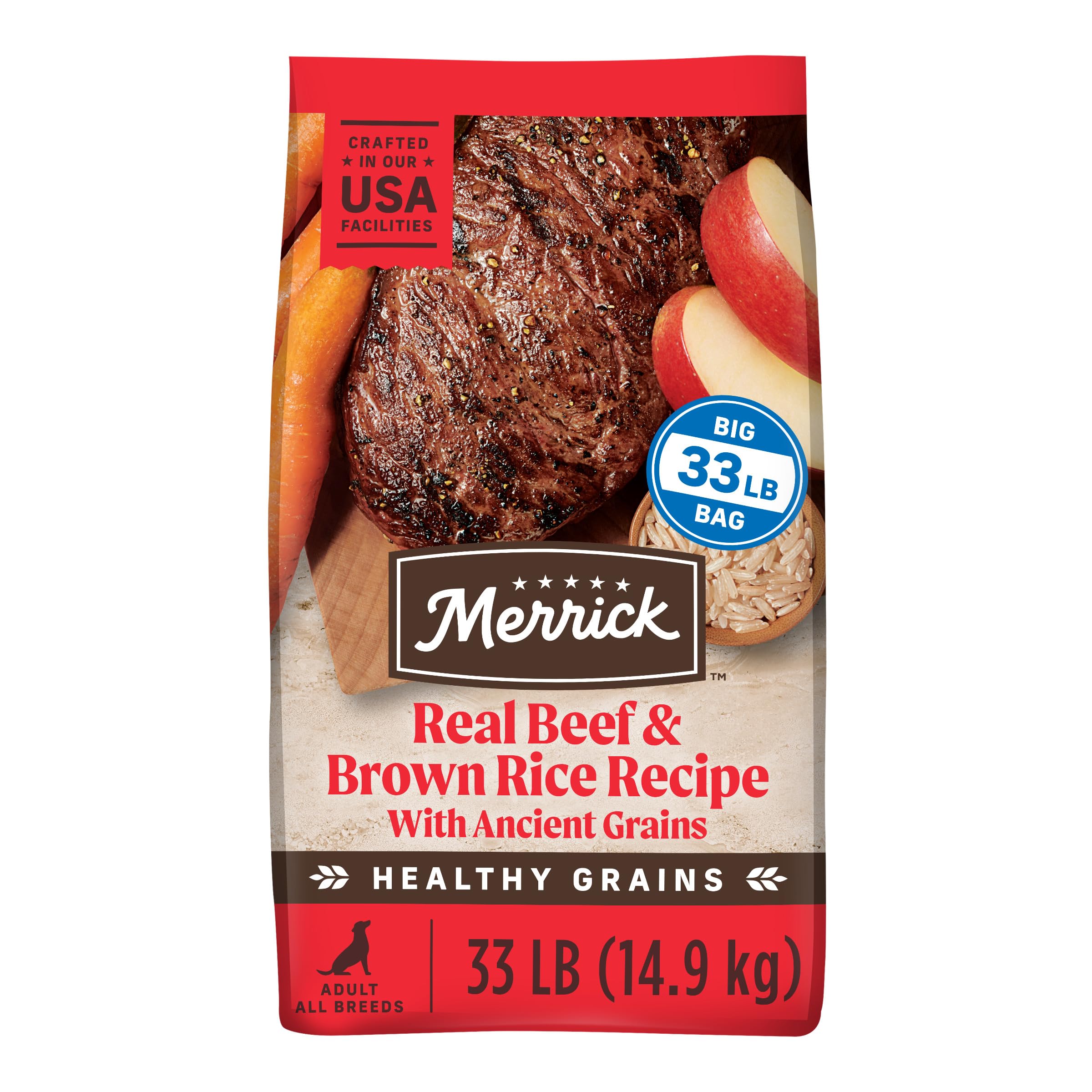 Merrick Healthy Grains Premium Adult Dry Dog Food, Wholesome and Natural Kibble with Beef and Brown Rice - 33.0 lb. Bag