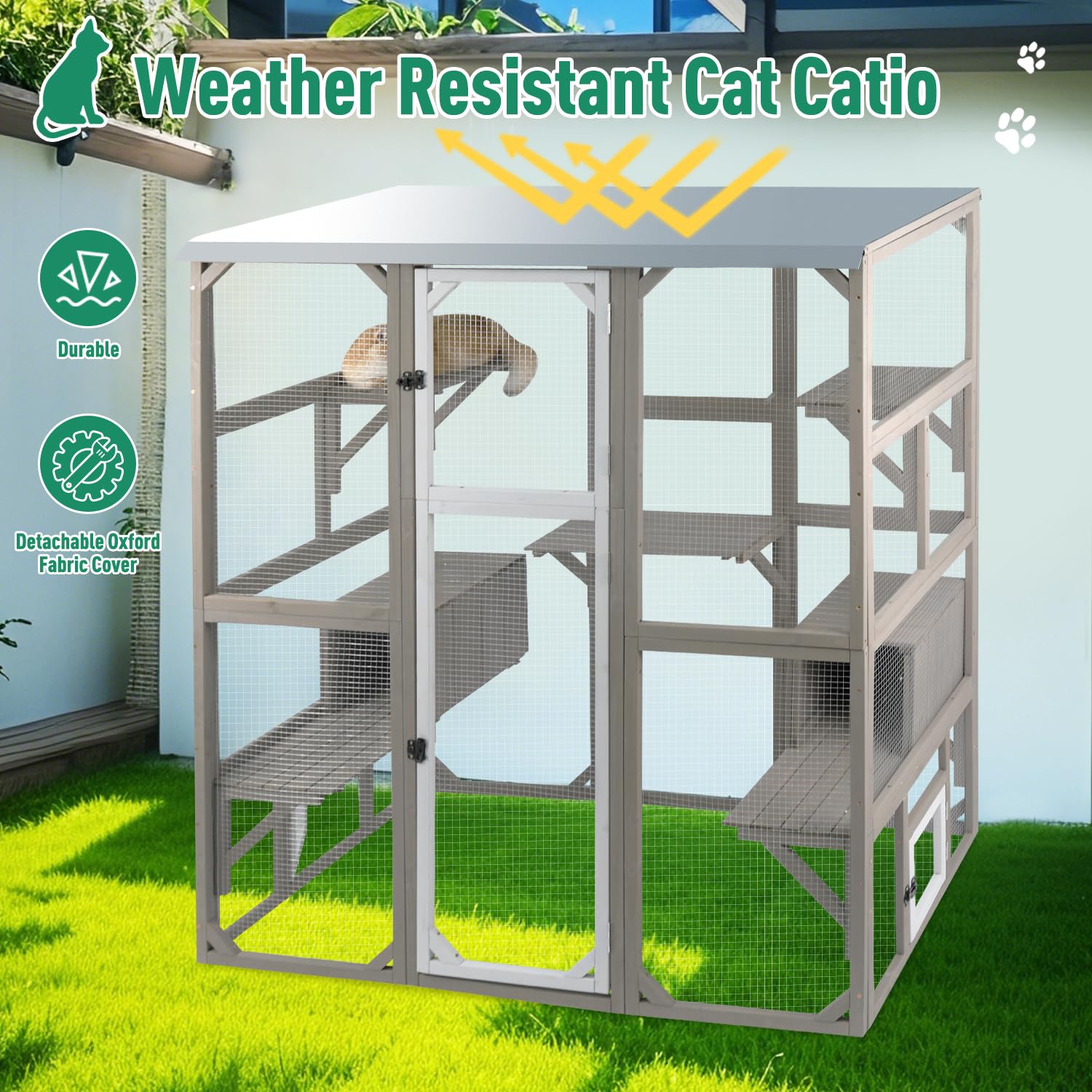 Petscosset Outdoor Cat Catio Enclosures Large Wooden Cat House Patio For Indoor Cats Feral Cat Shelter With 2 Espace Doors, 2 Re