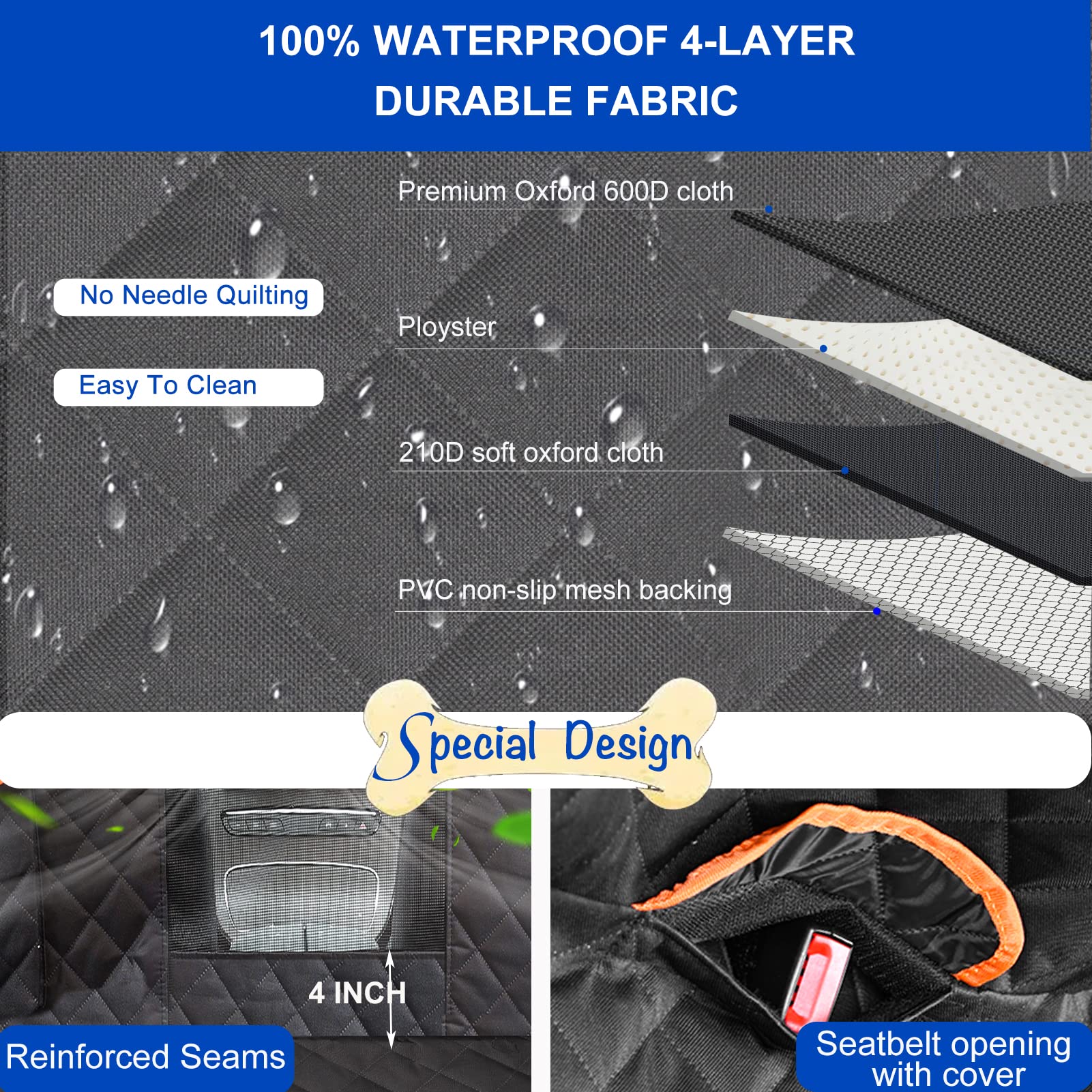 Easyhawei Dog Car Seat Cover For Back Seat 600D Scratchproof Nonslip Durable Waterproof Cars Pet Backseat Covers With Mesh Window Dogs Hammock For Car,Suv, Truck (Black) Large