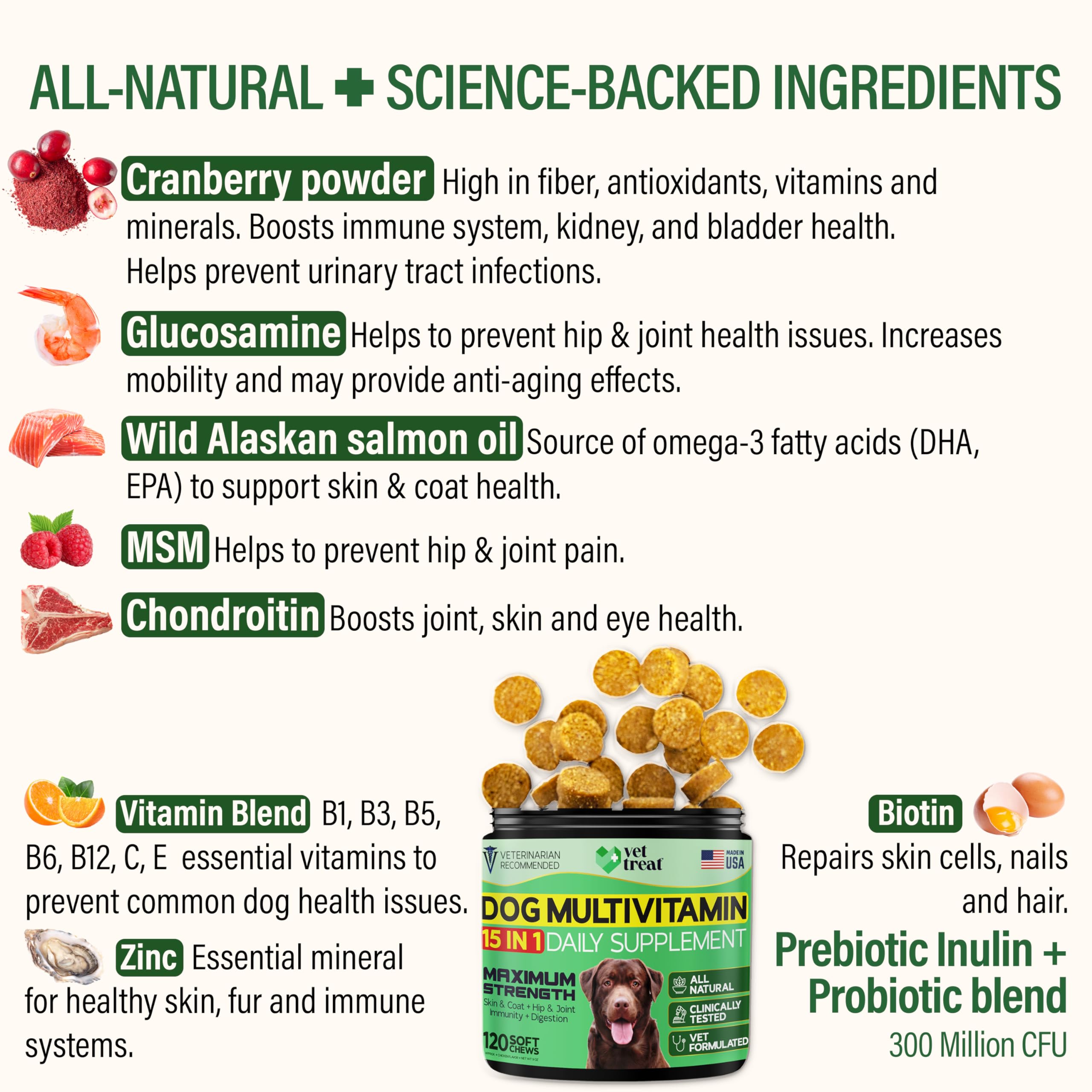 Dog Multivitamin Chewable with Glucosamine & Salmon Oil - Made in USA - Puppy & Senior Supplement - 120 Chews - Daily Wellness S