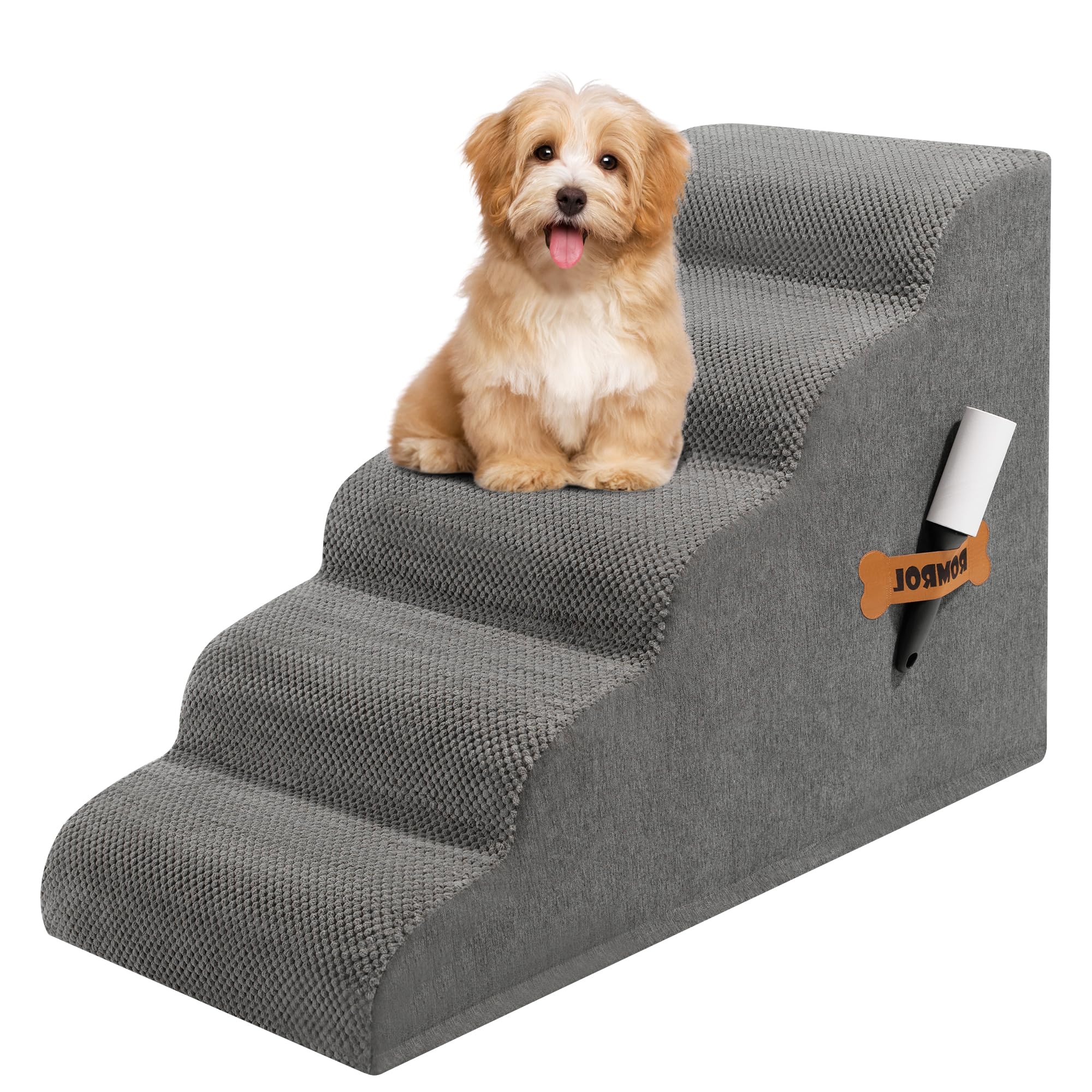 Romrol Dog Stairs Ramp For Small Dogs, Pet Stairs Steps With Durable Non-Slip Waterproof Fabric Cover, Dog Slope Stairs To Bed For Small Dogs And Cats Or Pets Joints, 5-Steps, Grey