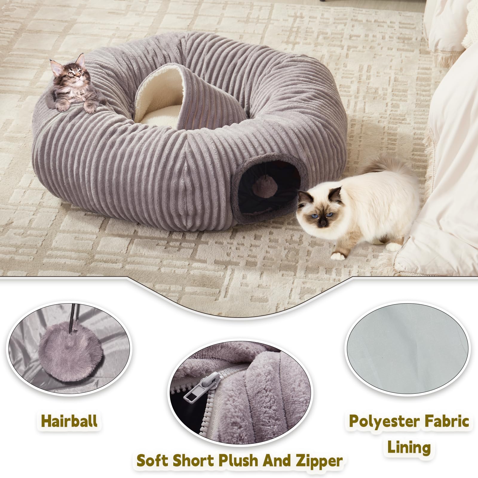 Large Cat Tunnel Bed for Indoor Cats,Cat Donut Tunnel Toy with Washable Circle Cushion,Blackout Tent, Multifunctional Playground
