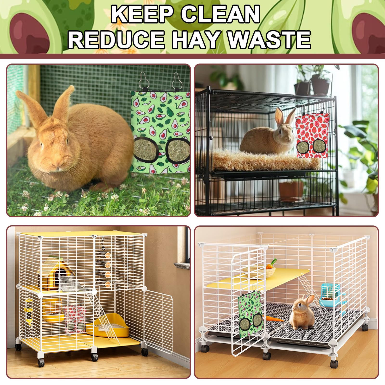 Abtols 2Pcs Rabbit Hay Feeder Bags, Hanging 2 Hole Hay Feeder For Guinea Pigs Chinchillas Hamsters Red Green Strawberry Avocado