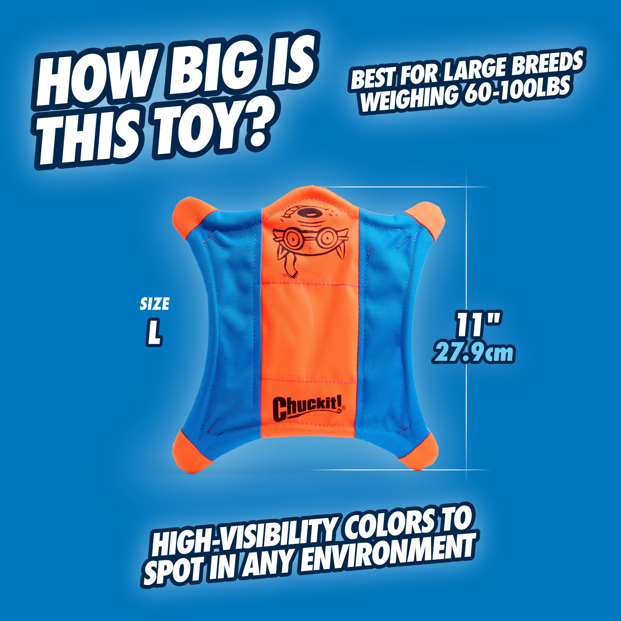 Chuckit Flying Squirrel Fetch Dog Toy, Size Large (11'' Diameter), Orange & Blue, For Large Dog Breeds