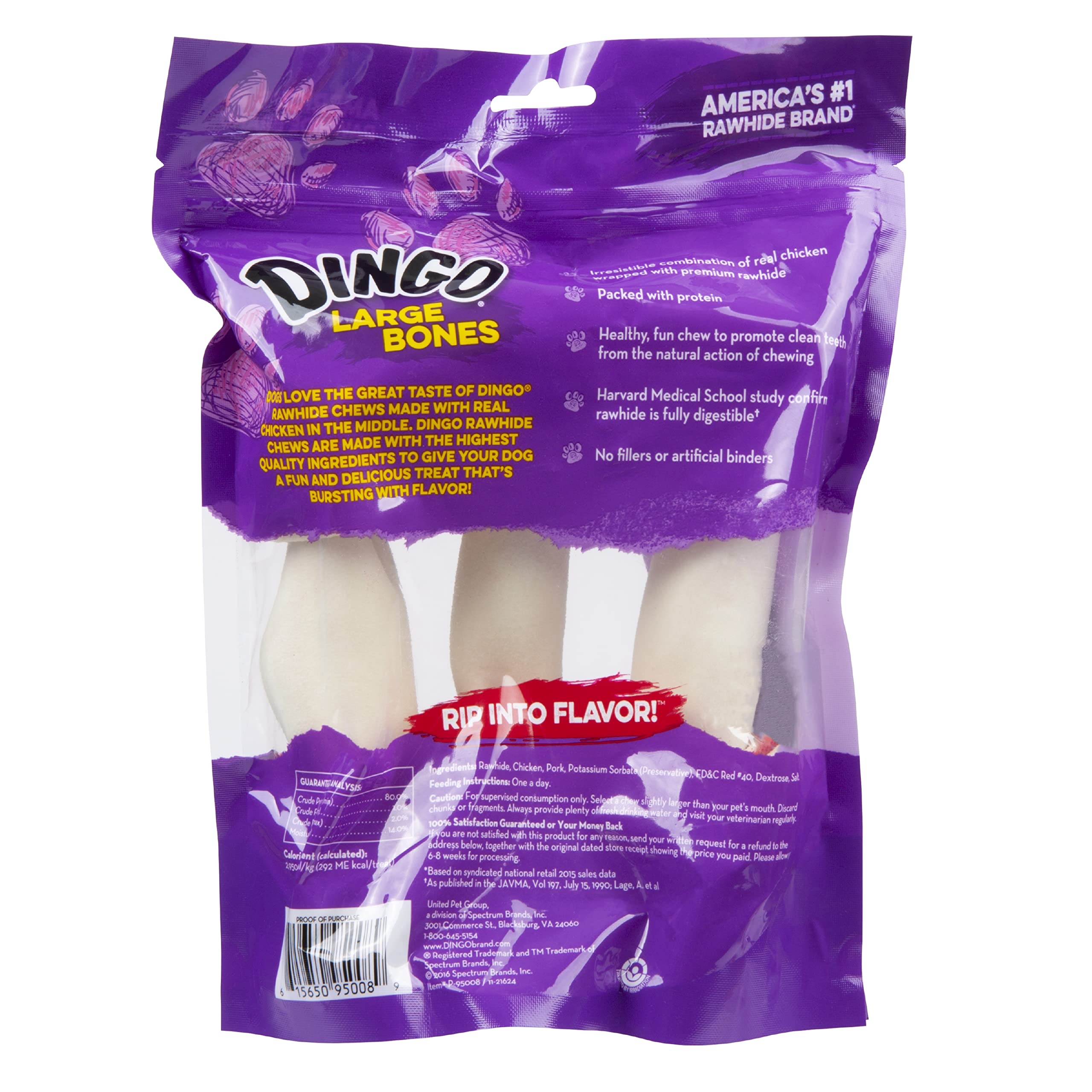 Dingo P-95008 18 Count Rawhide Bone, Large, One Size 3 Count (Pack of 6)