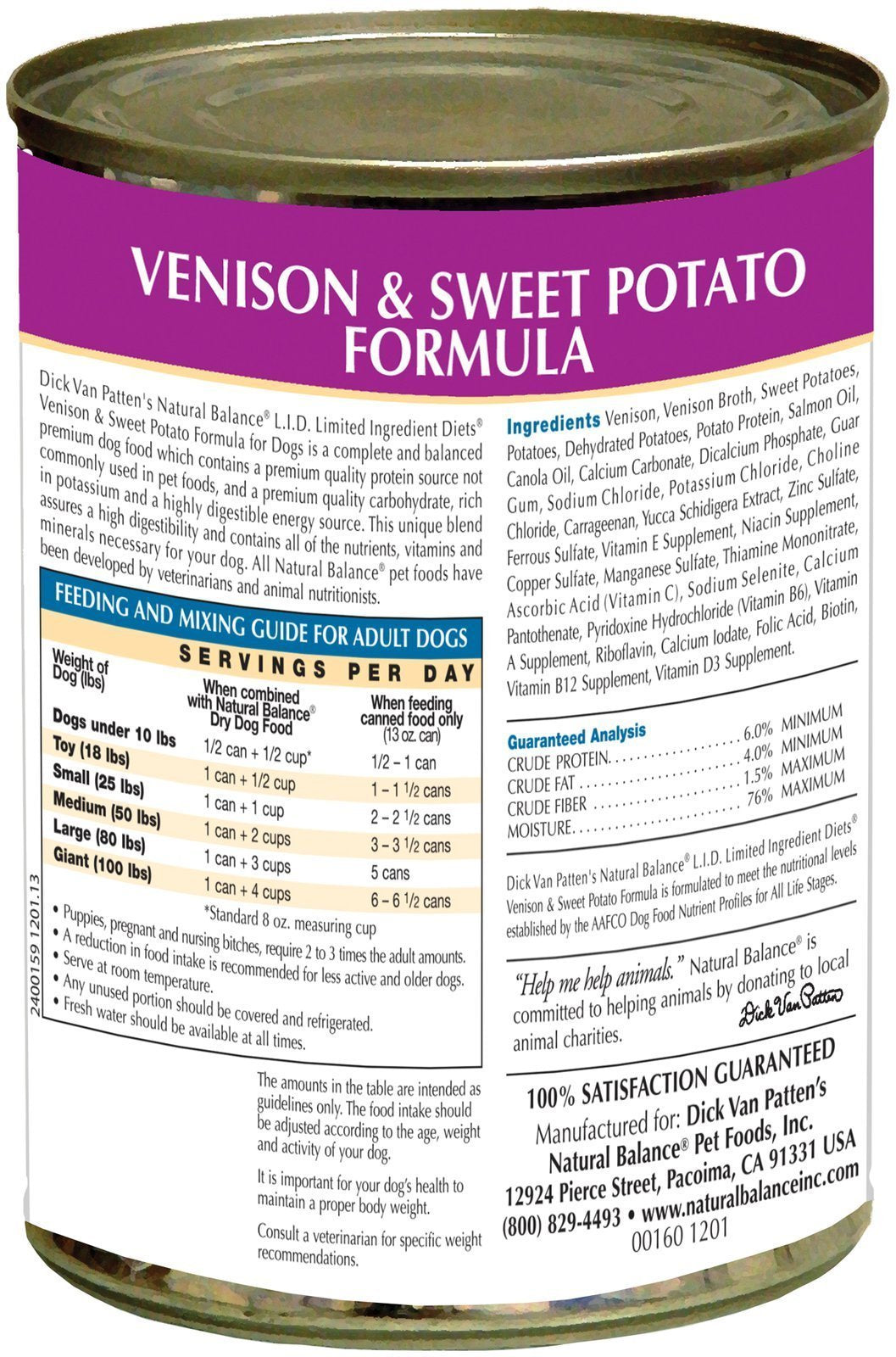 Natural Balance L.I.D. Limited Ingredient Diets Canned Wet Dog Food, Grain Free, Venison And Sweet Potato Formula, 13-Ounce (Pac