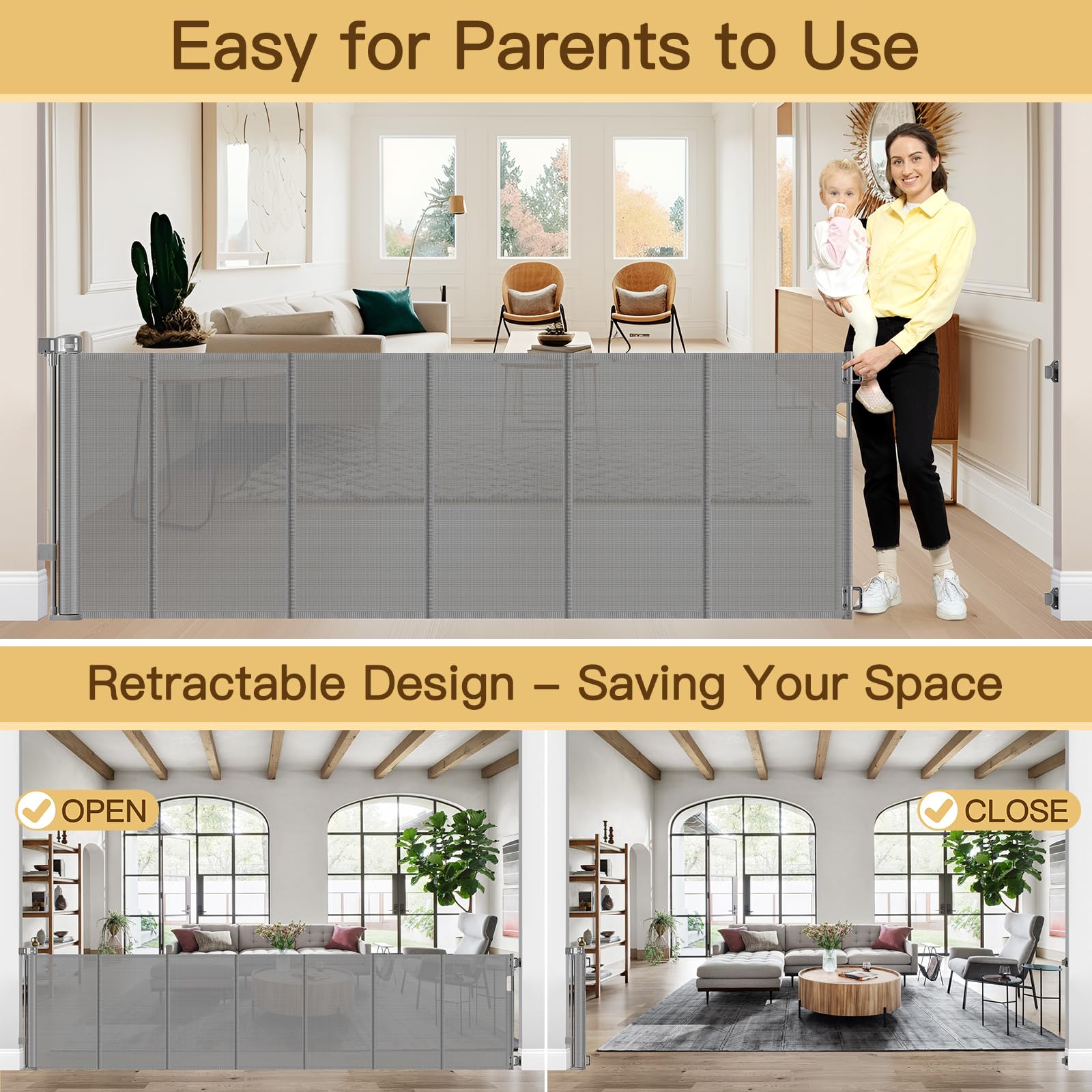 Reinforced 159 Inch Extra Wide Baby Gate for Large Openings Prevent Babies and Dogs from Crawling Through Retractable Baby Gates