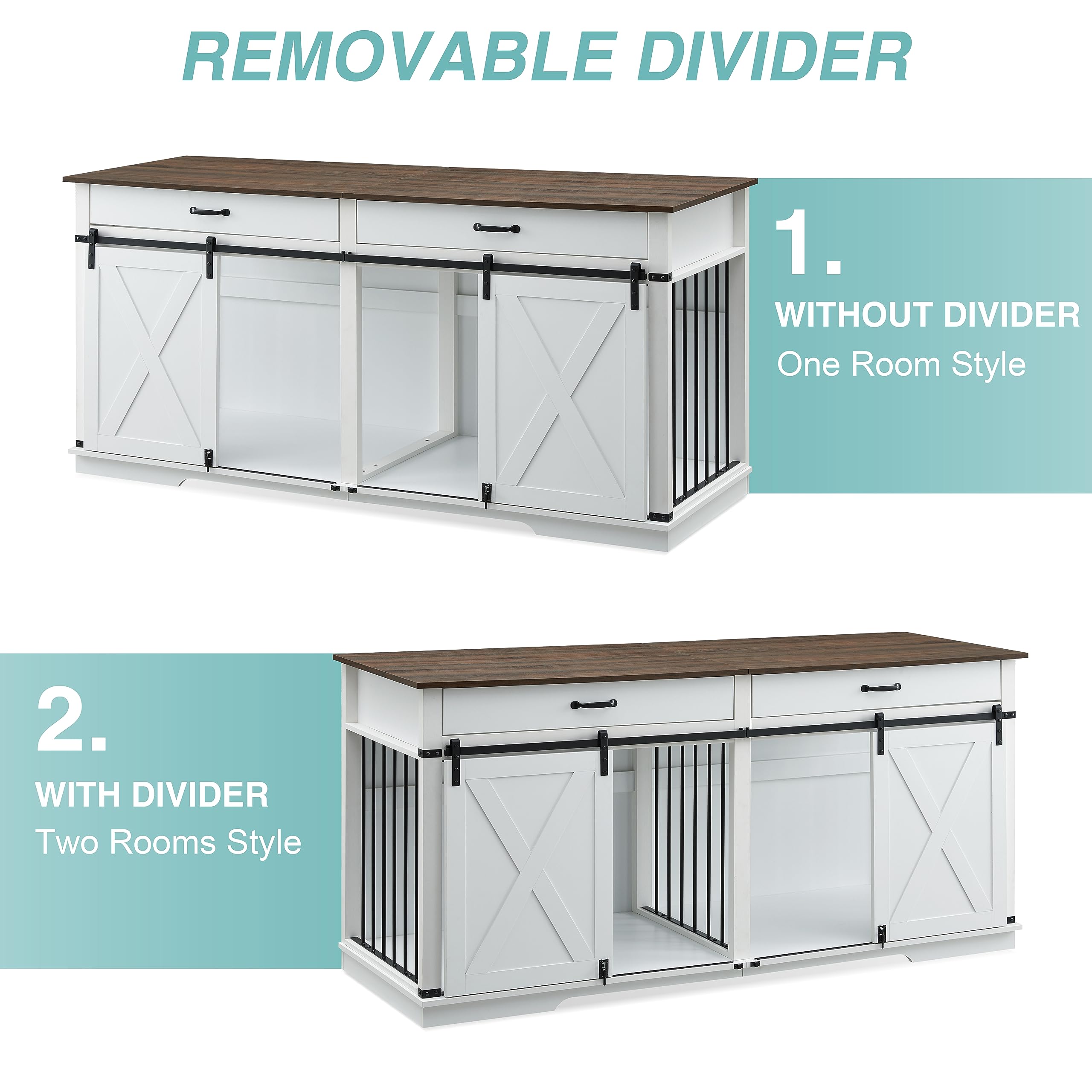 EDYO LIVING 72.5 Large Dog Crate Furniture for 2 Dogs, Wooden Dog Kennel with Drawers, Divider, Sliding Barn Door, Water Resista
