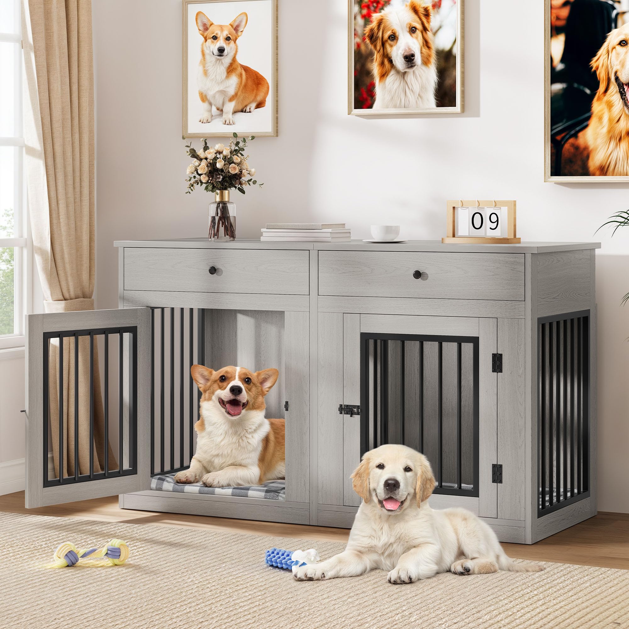 DWVO 60 Inch Double Dog Crate Furniture for 2 Dogs, Heavy Duty Wooden Dog Crate TV Stand with Removable Divider & Storage Drawer
