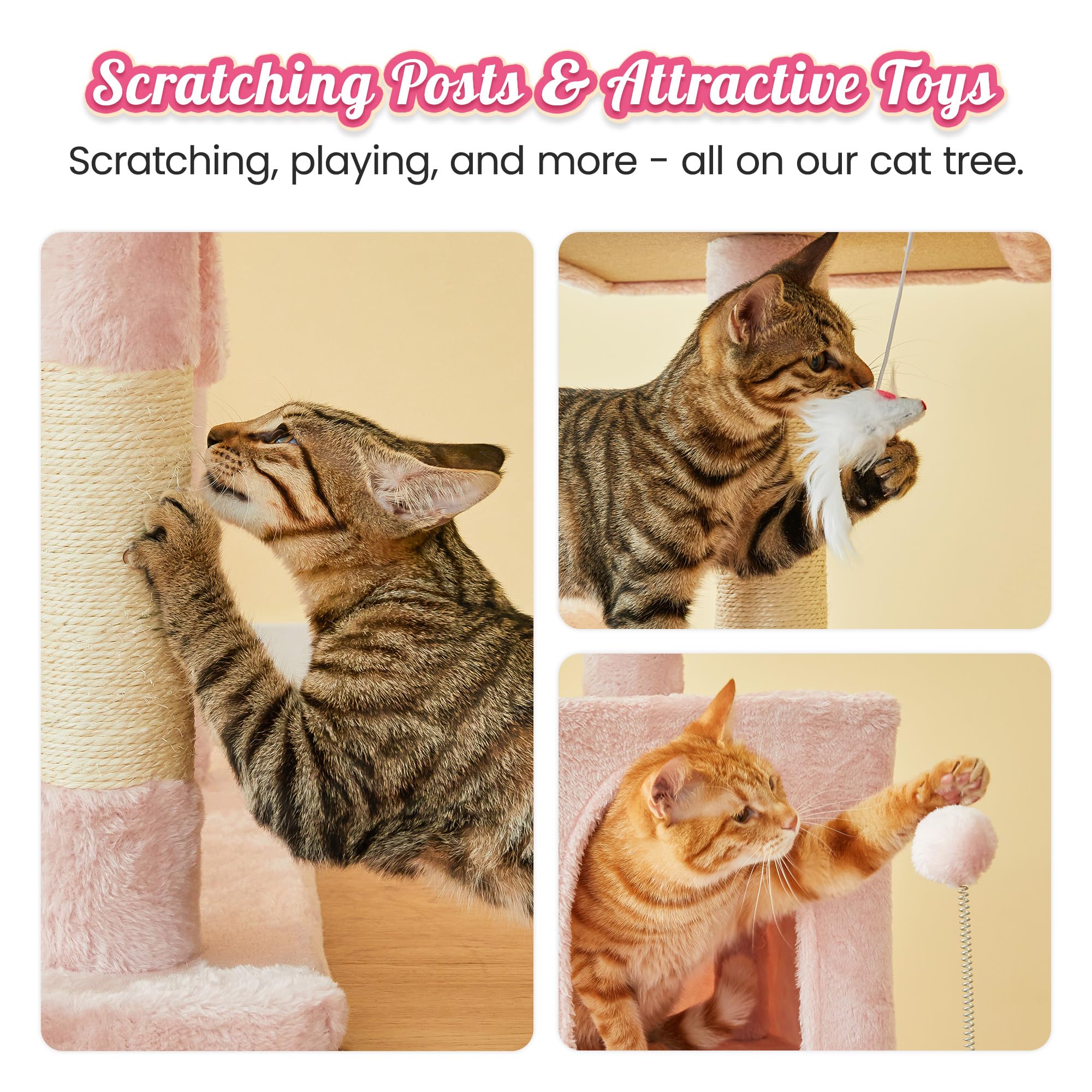 Mwpo 70.1-Inch Pink Large Cat Tree, Multi-Level Tall Cat Tower For Indoor Cats, Plush Cat Condo With Big Padded Perches, Sisal-Covered Scratching Posts, Hammock, Toys For Kittens & Cats