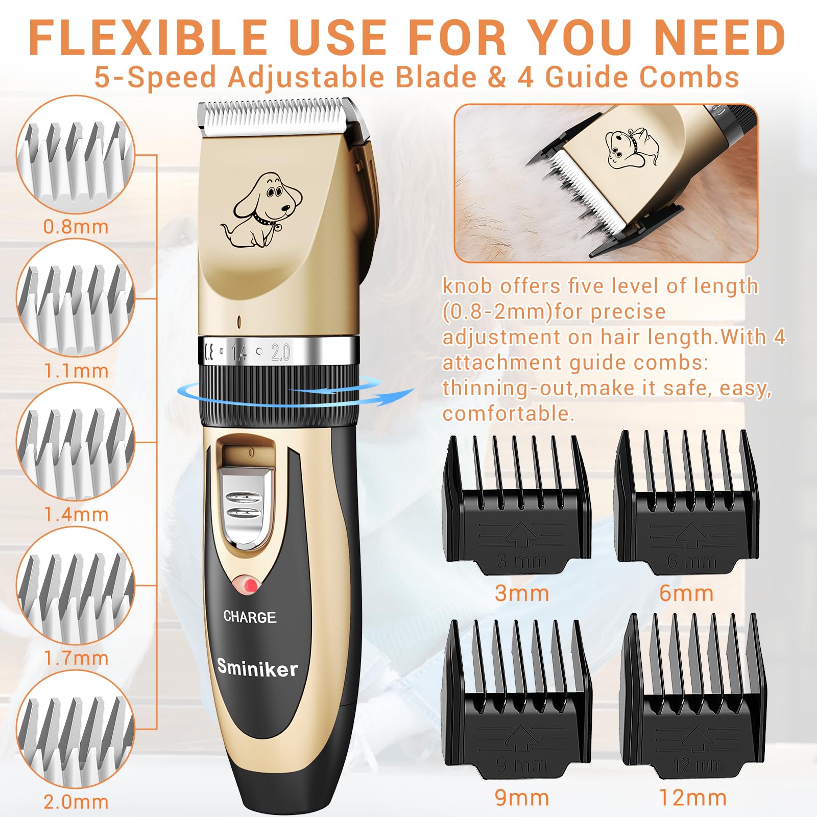 Sminiker Professional Rechargeable Cordless Dogs Cats Horse Grooming Clippers - Professional Pet Hair Clippers With Comb Guides For Dogs Cats Horses And Other House Animals Pet Grooming Kit
