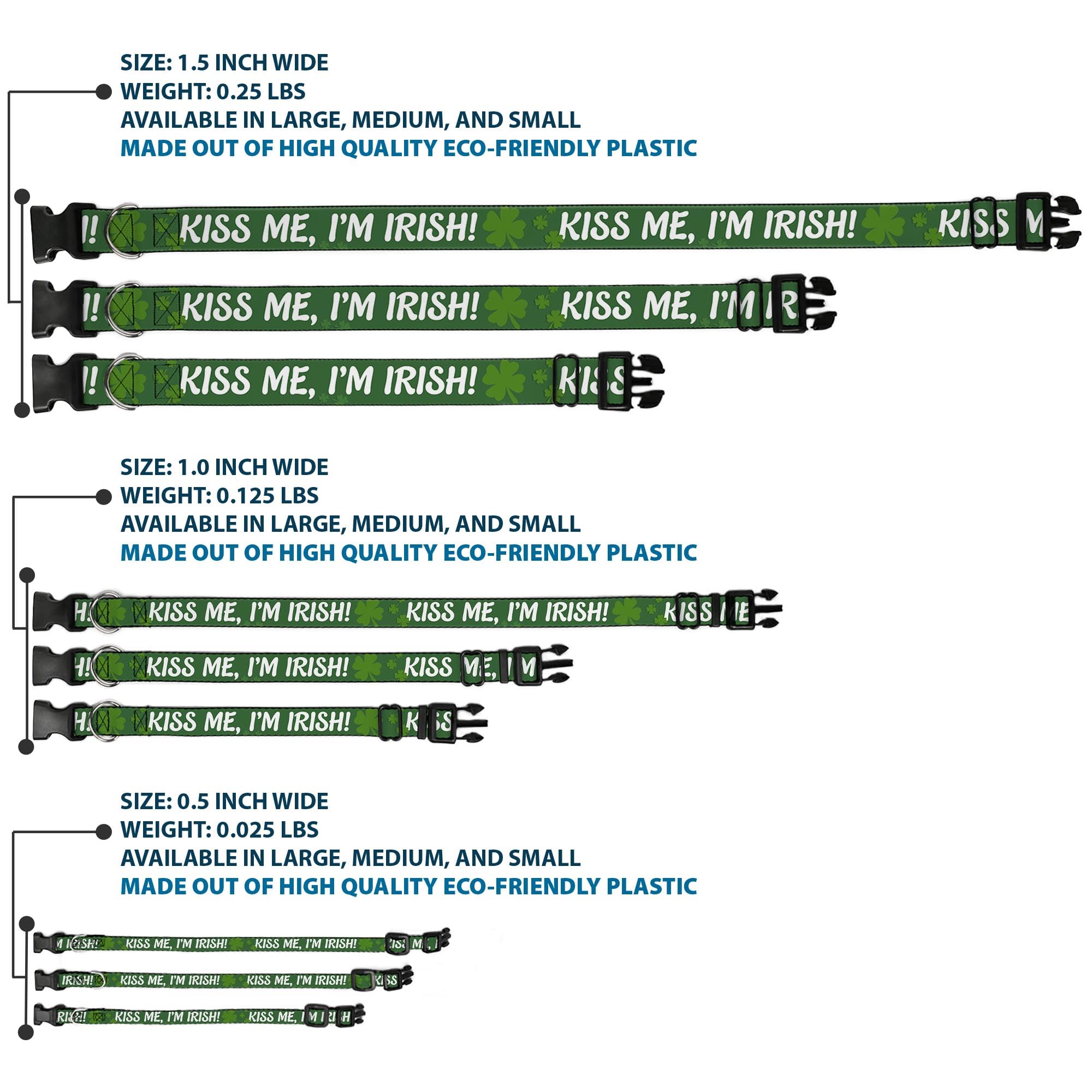 Buckle-Down 9-15' Kiss Me, I'M Irish! Clovers Green/White Plastic Clip Collar, Small
