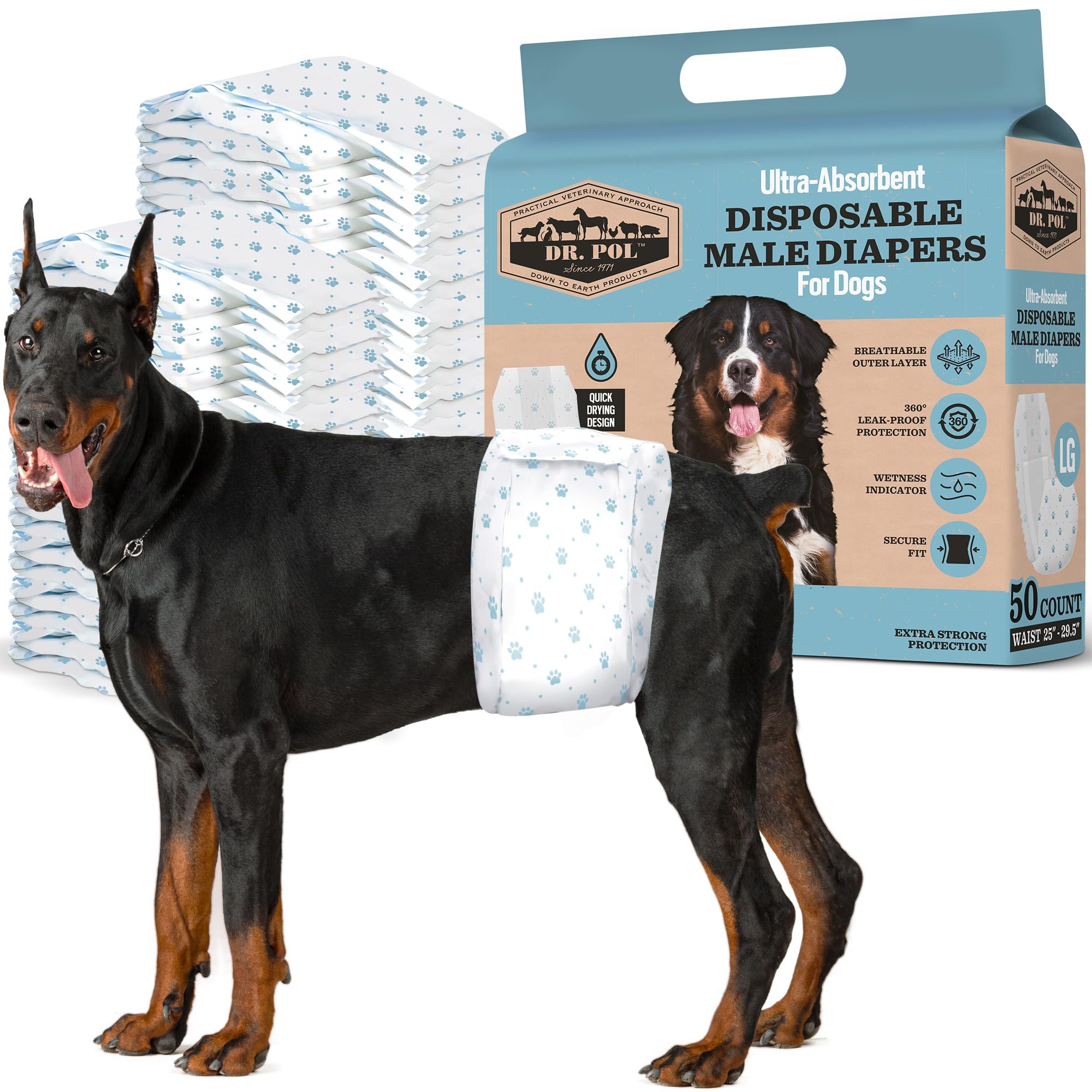 Dr. Pol Male Dog Diapers - Super Absorbent, Breathable, Leak-Proof With Wetness Indicator, Large, 50 Count