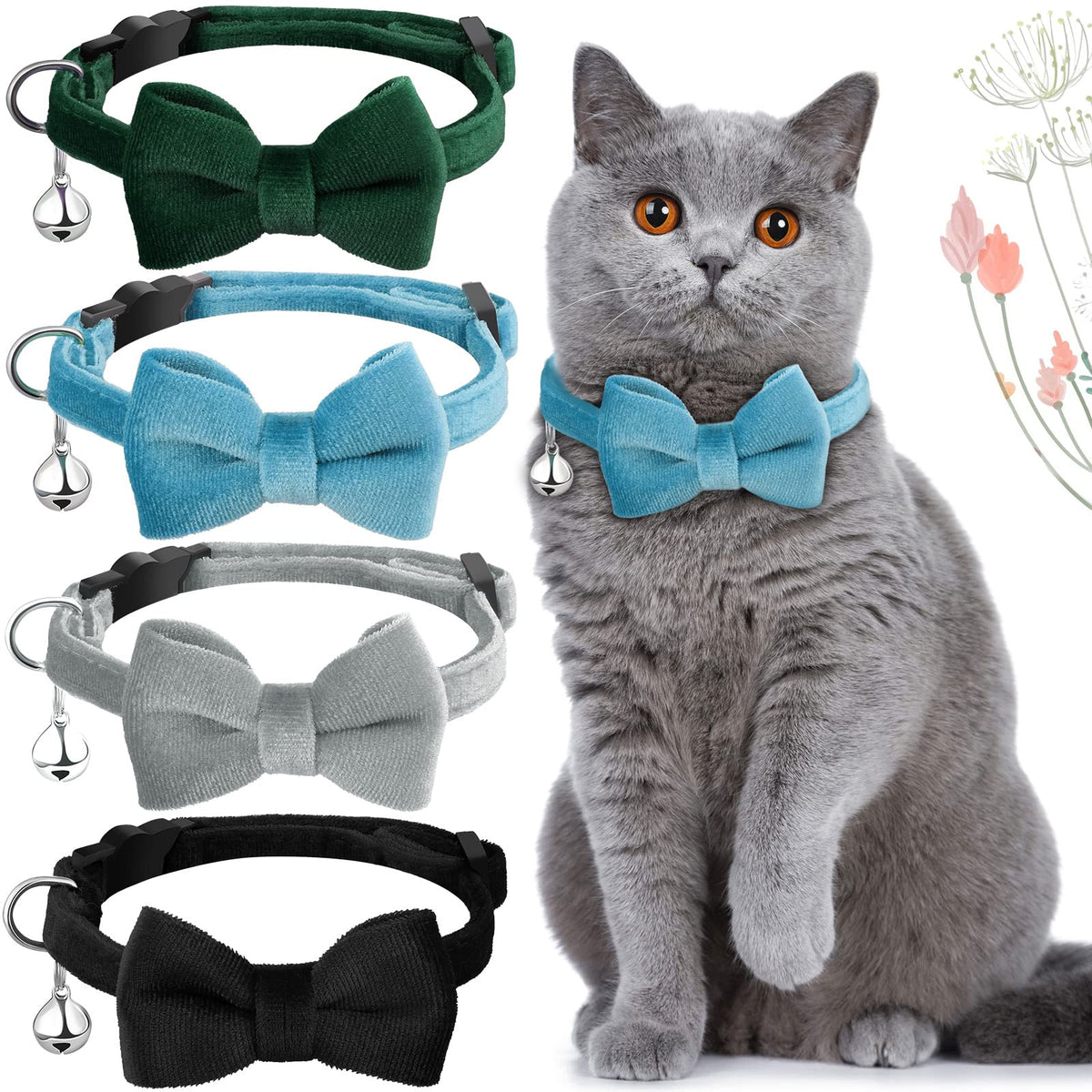 4 Pieces Cat Bow Tie Collar With Bell Breakaway Cat Collar Comfortable Velvet Cat Collar With Cute Safety Pet Collar For Pet Kitten Puppy (Black, Gray, Dark Green, Blue,Medium)