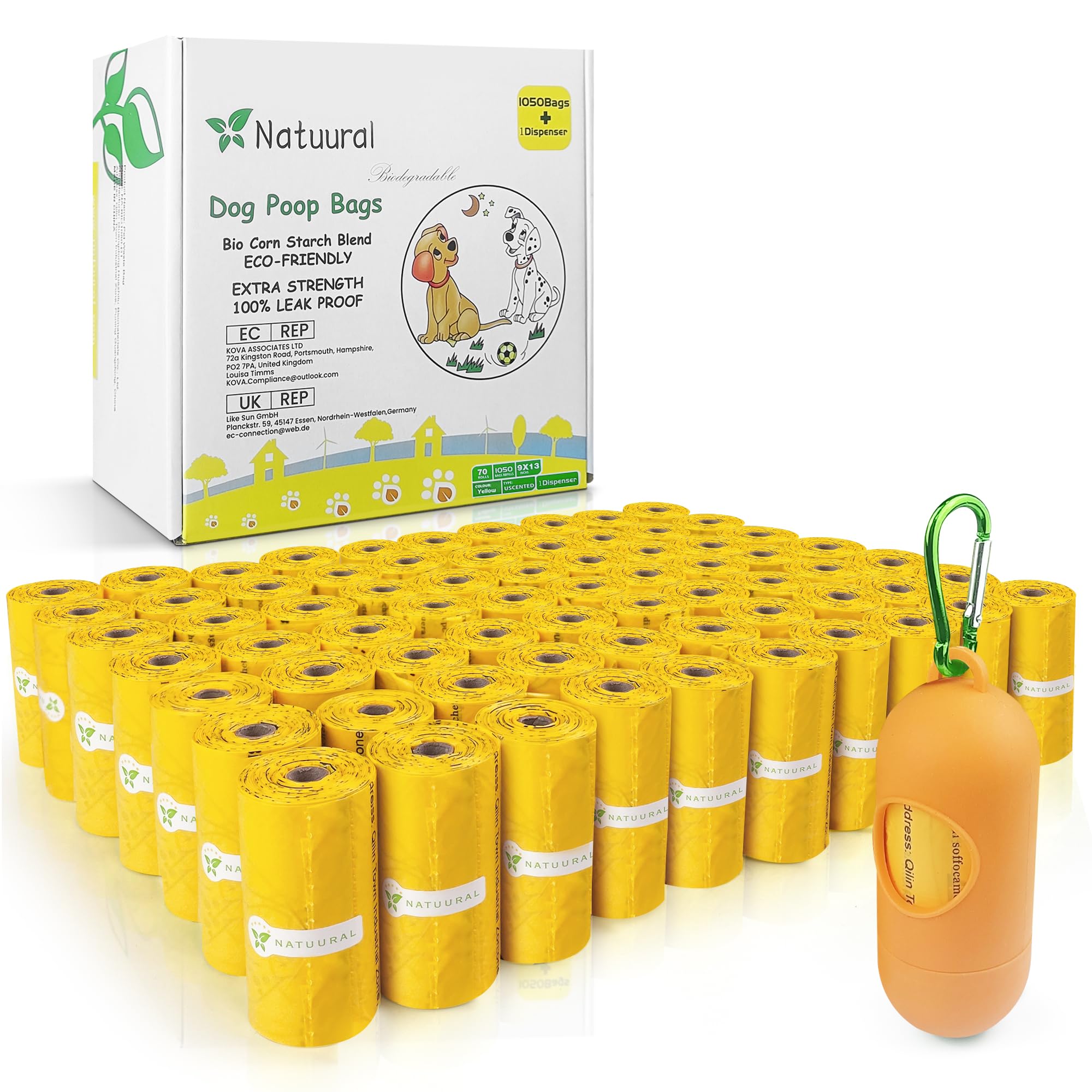 Poop Bags for Dogs-1050 Counts, 70 Rolls With a Free Dispensers, Biodegradable Poop Bags Made of Cornstarch, Size: 9x13 Inch, Ex
