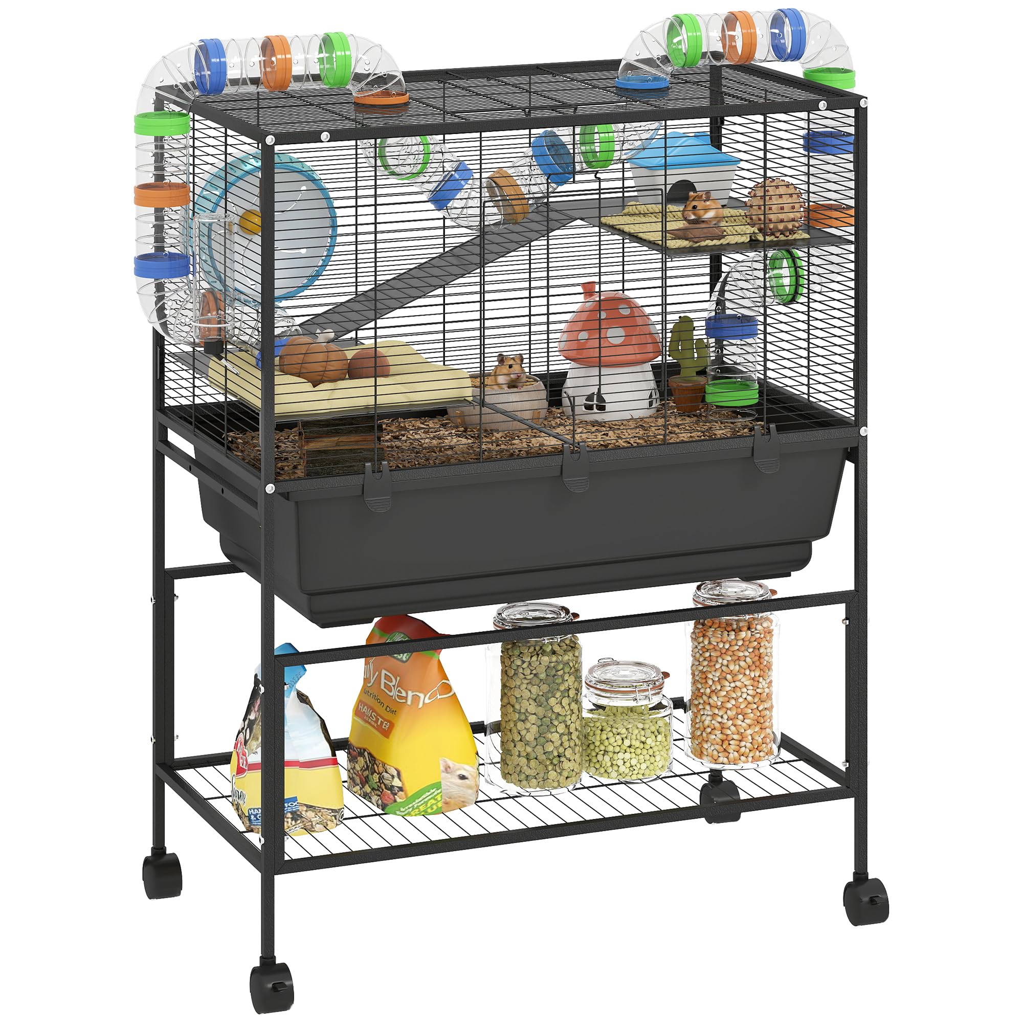 PawHut Hamster Cage with Deep Tray, 3 Tier Rolling Rat Cage with Storage Shelf, Big Exercise Wheel, Tube System, Hut, Platforms,