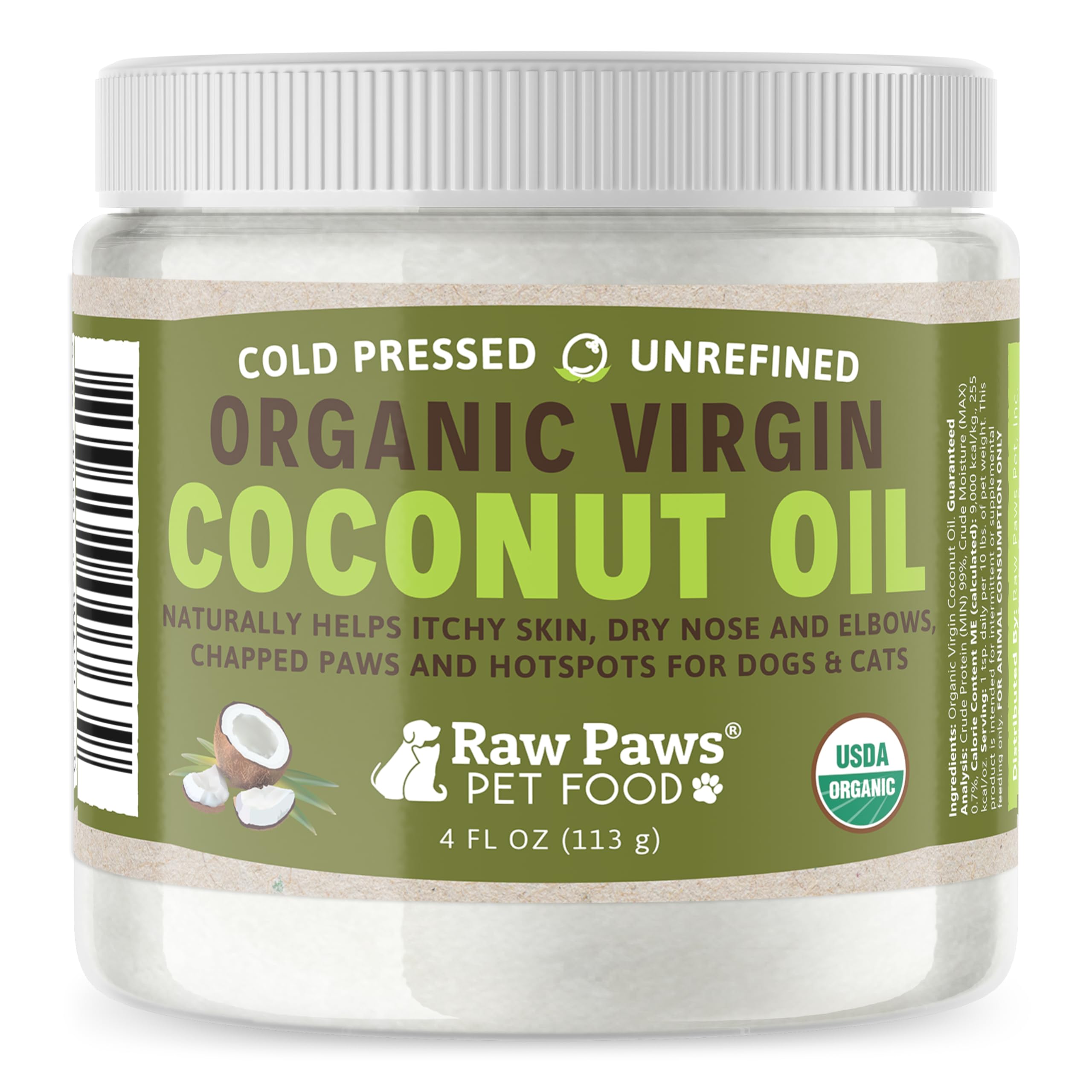Raw Paws Virgin Organic Coconut Oil for Dogs & Cats, 4oz  Treatment for Itchy Skin, Dry Nose, Paws  Hot Spot Lotion for Dogs