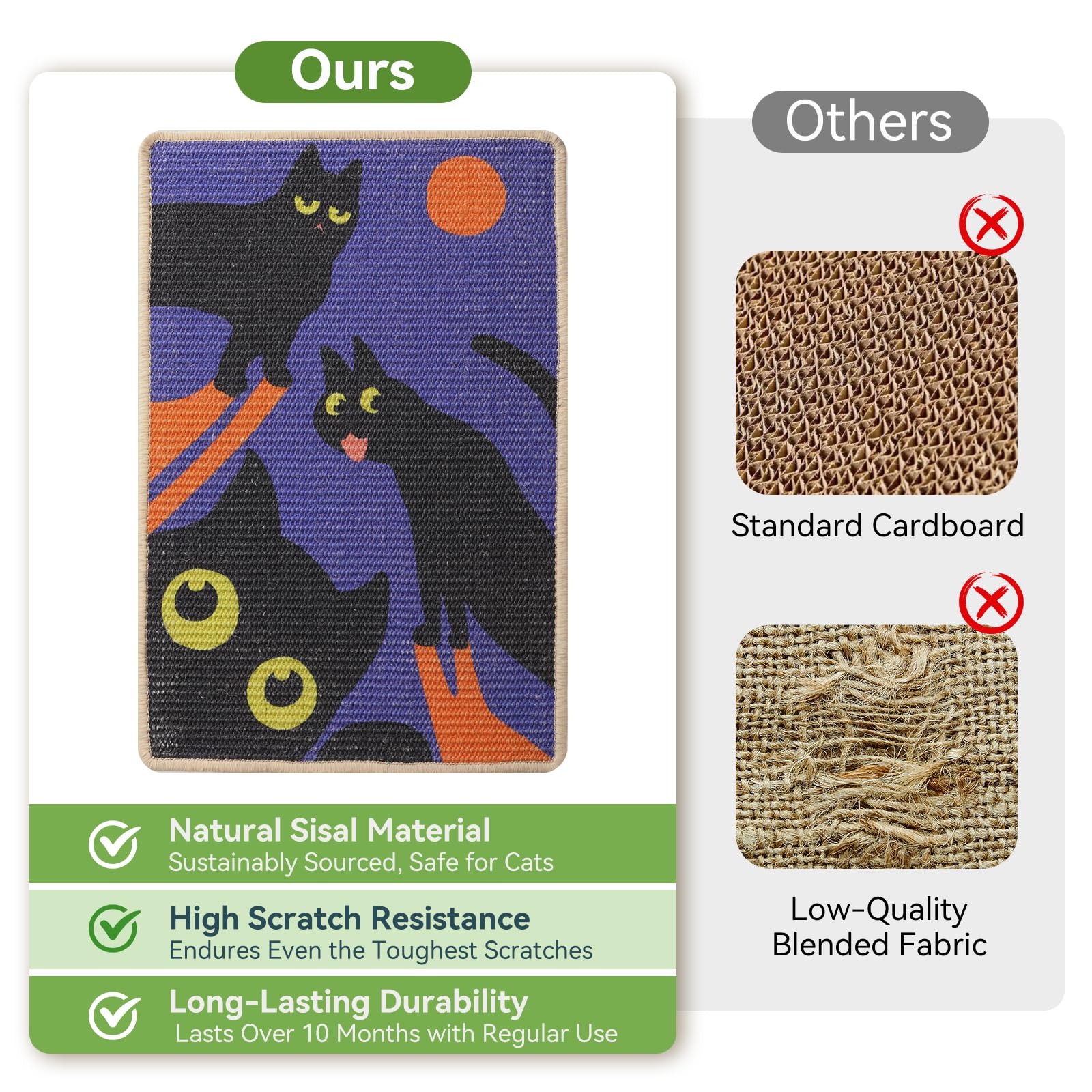 3-In-1 Sisal Cat Scratcher Mat 23.6X15.7'' Protects Carpet Couch & Furniture With Sticker Tape, Floor & Wall Cat Scratching Pad,
