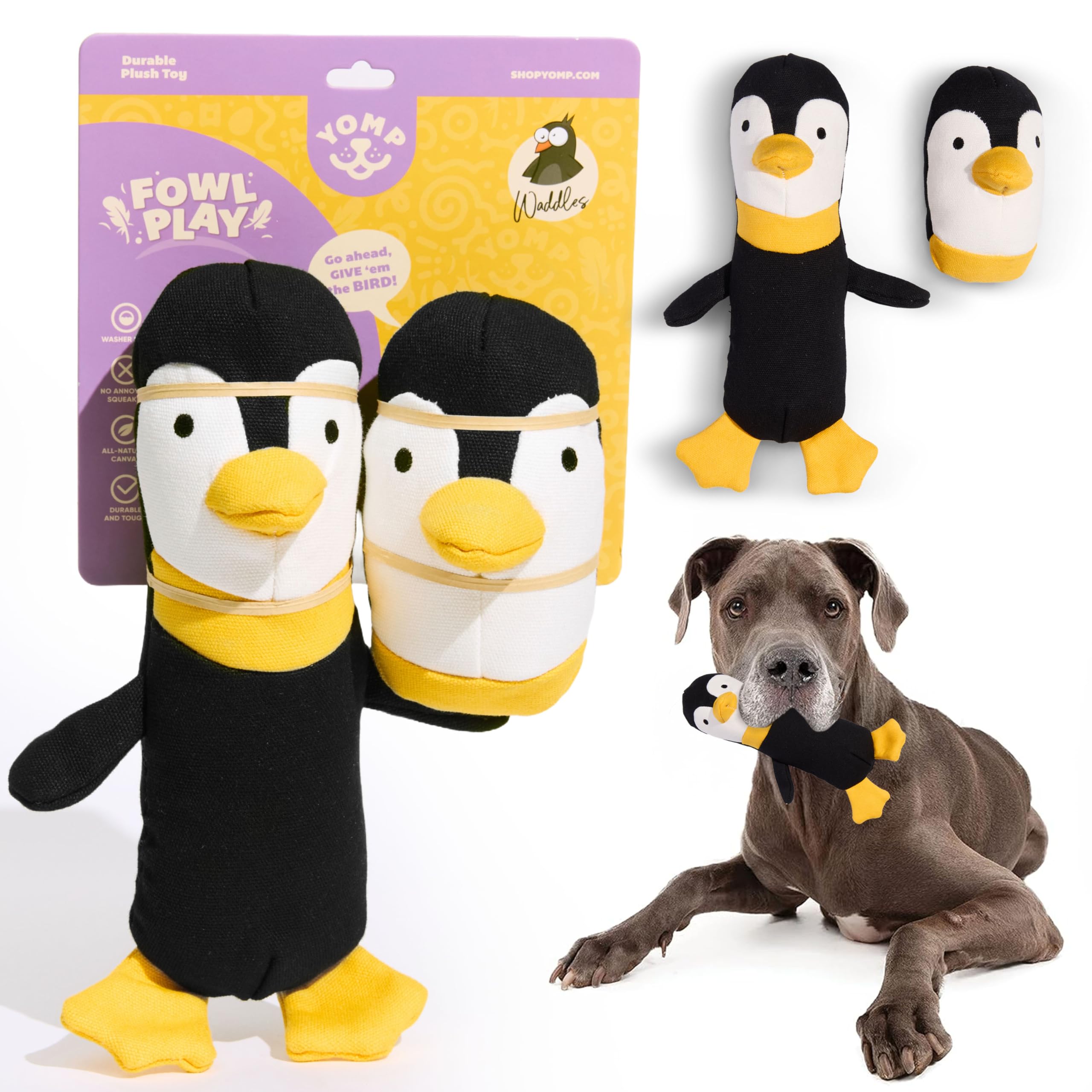 Yomp Penguin Dog Toy - Durable Plush Chew Toy With Natural Canvas And Crinkle Paper - Interactive Stuffed Animal For Dogs (2-Pc 